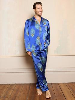 Their Nibs Satin Traditional Peacock Feather Pyjama Set, Navy/Multi, Navy/Multi