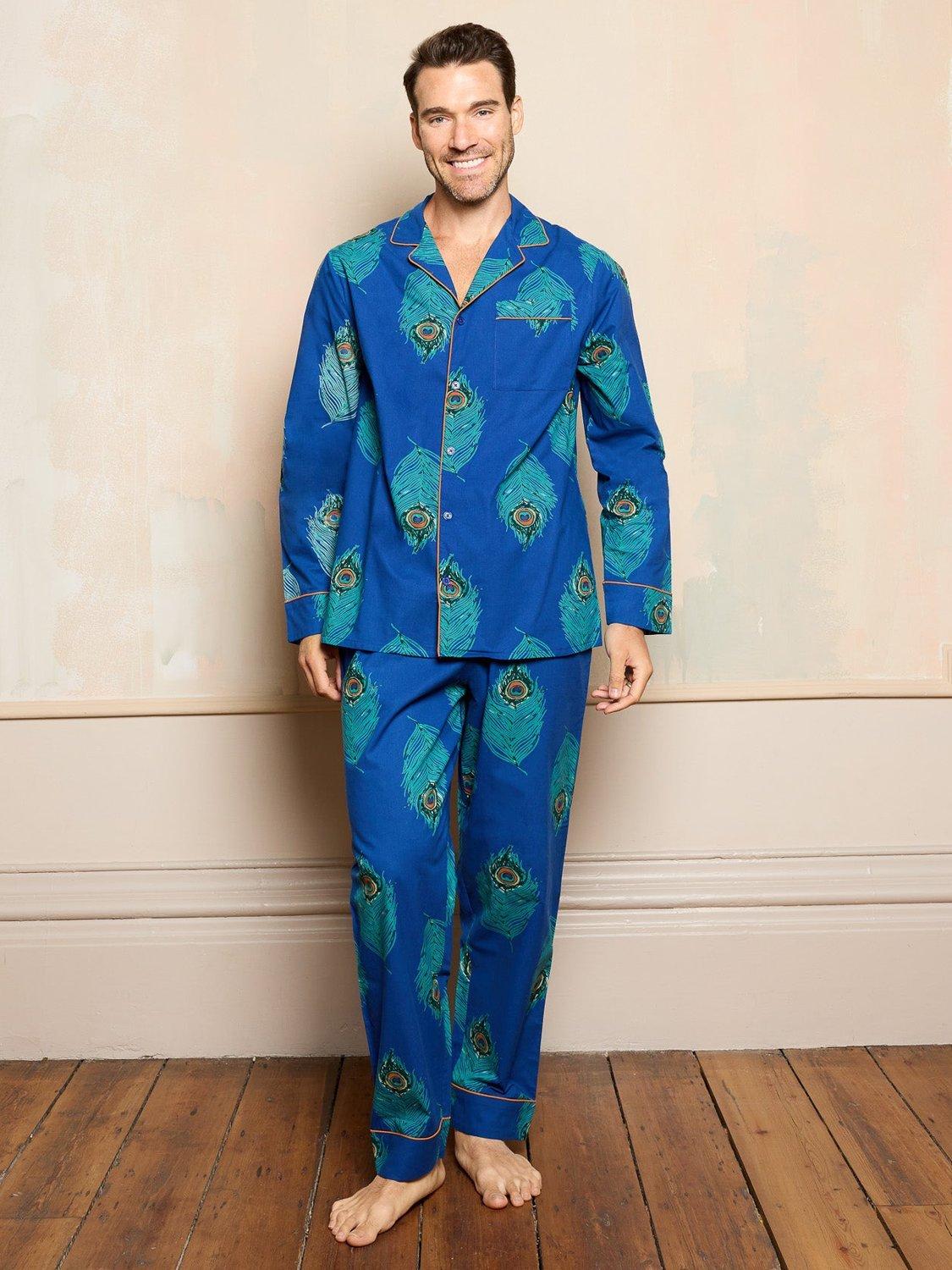 Product image 1 of 2, which shows Their Nibs Cotton Traditional Peacock Feather Pyjama Set, Navy/Multi, L