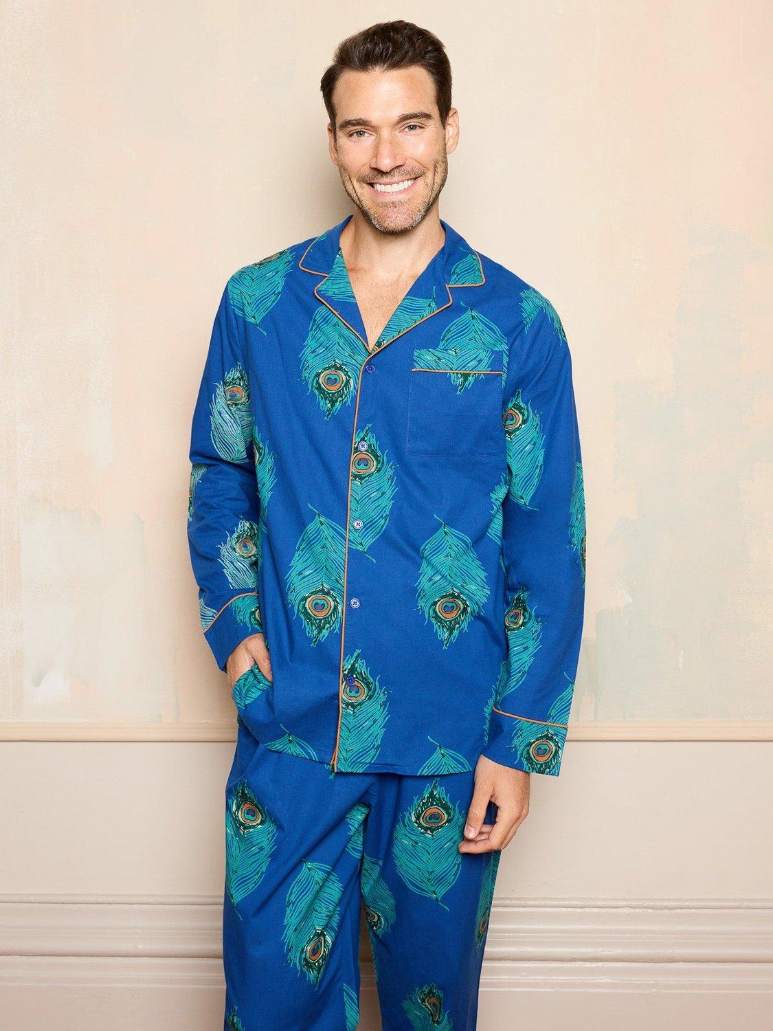 Product image 2 of 2, which shows Their Nibs Cotton Traditional Peacock Feather Pyjama Set, Navy/Multi, L