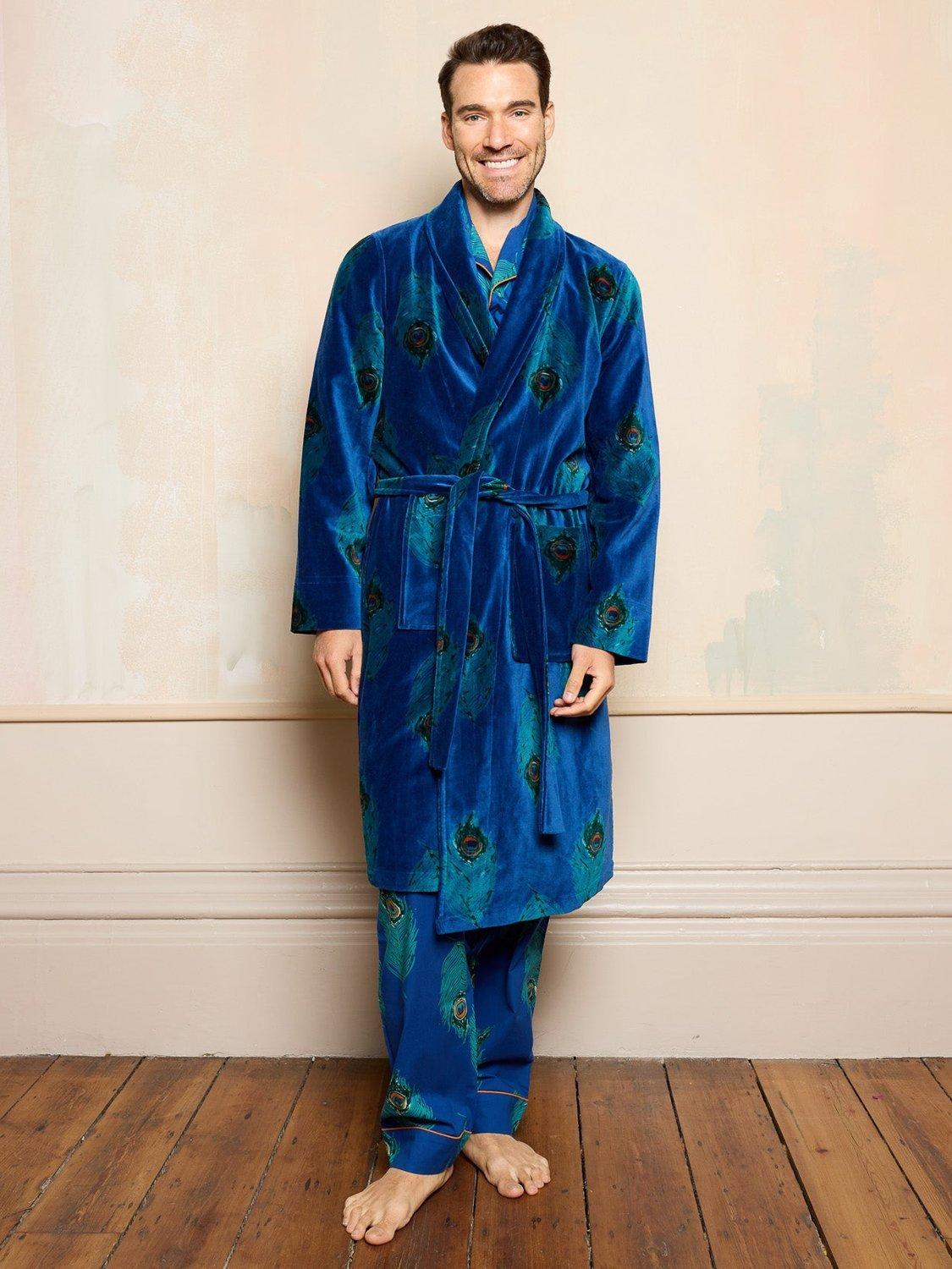 Product image 1 of 3, which shows Their Nibs Velvet Peacock Feather Robe, Navy/Multi, L