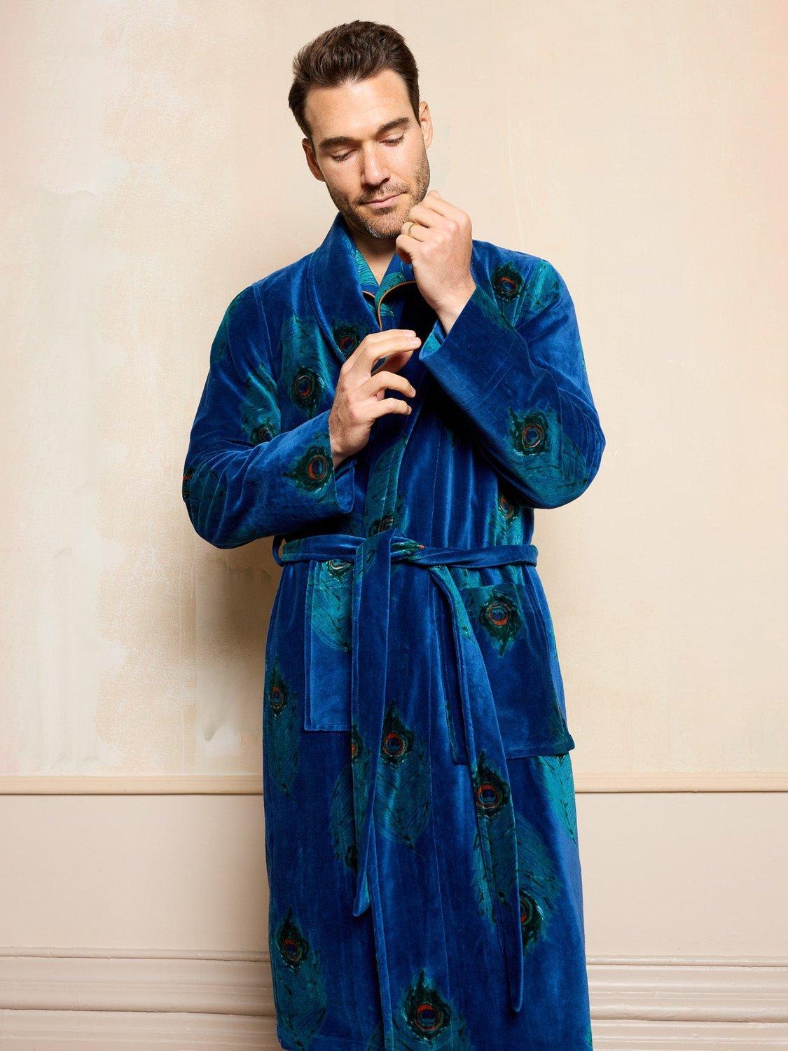 Product image 2 of 3, which shows Their Nibs Velvet Peacock Feather Robe, Navy/Multi, L