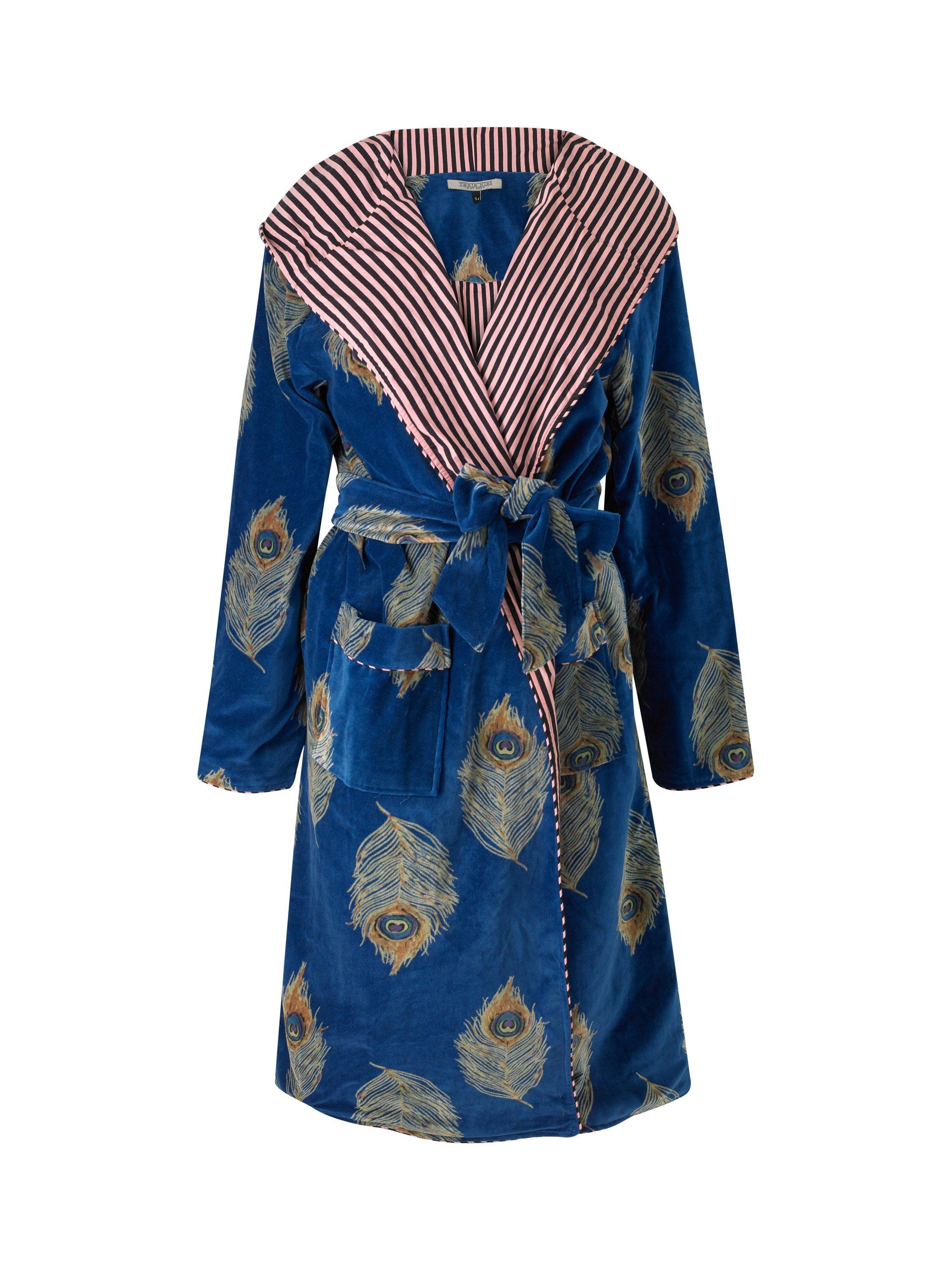 Product image 3 of 3, which shows Their Nibs Velvet Peacock Feather Robe, Navy/Multi, L