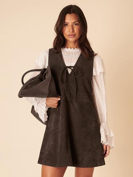 Nobody's Child V-Neck Pure Suede Pinafore Mini Dress, Brown - view 2, Brown