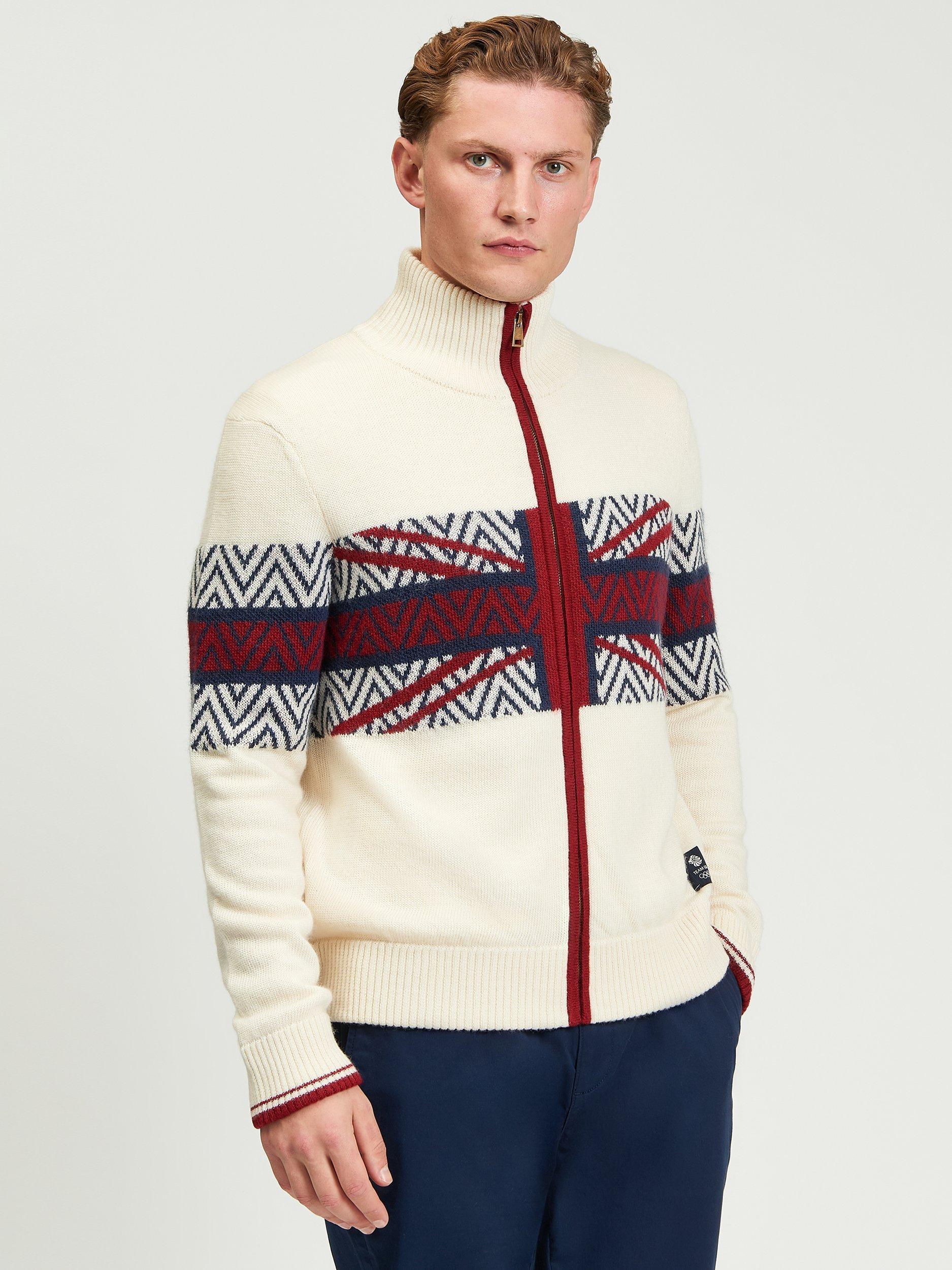 Product image 1 of 6, which shows Ben Sherman Team GB Wool Blend Knitted Zip-Through Jumper, Ivory/Multi, One Size