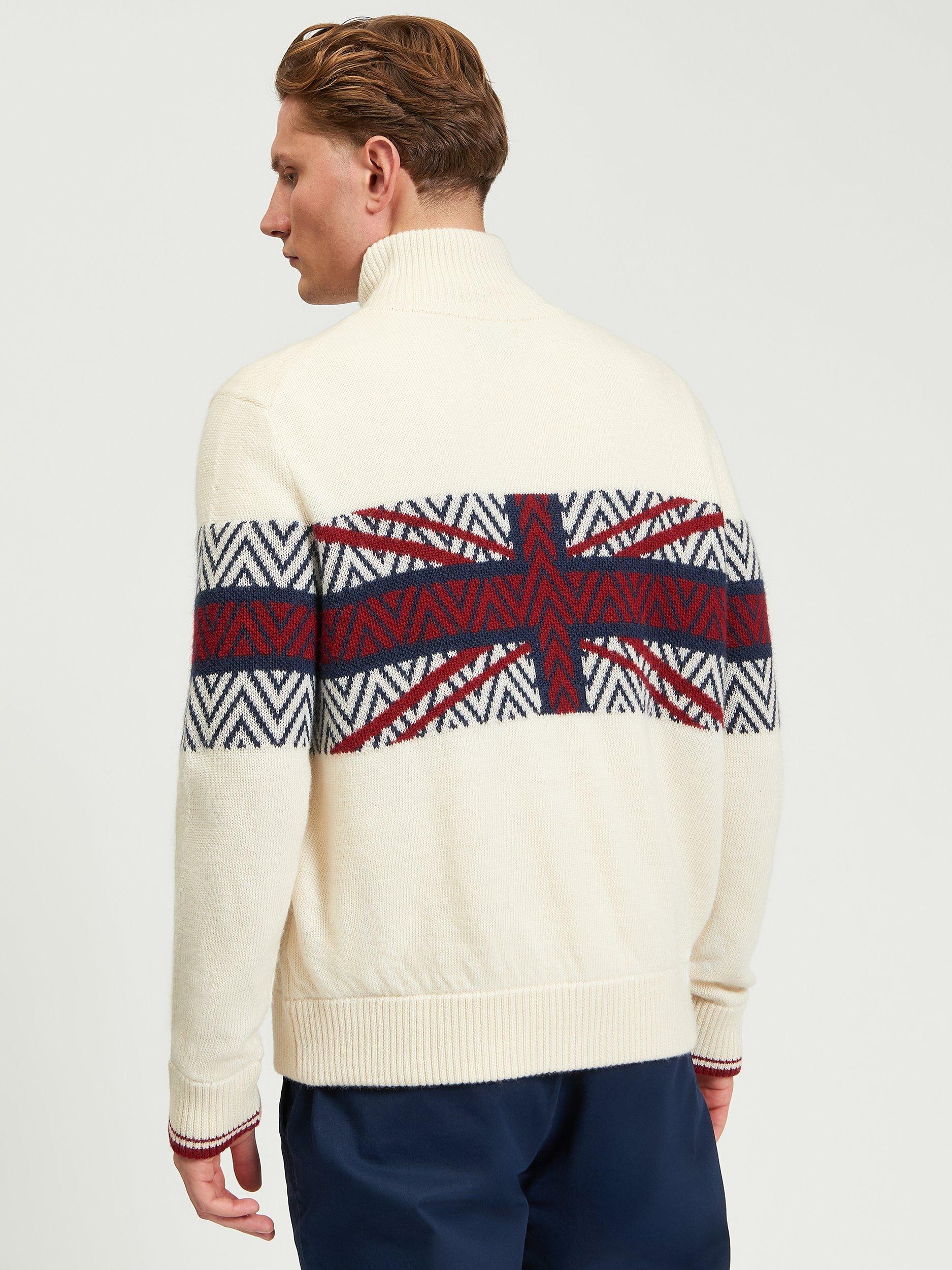 Product image 2 of 6, which shows Ben Sherman Team GB Wool Blend Knitted Zip-Through Jumper, Ivory/Multi, One Size