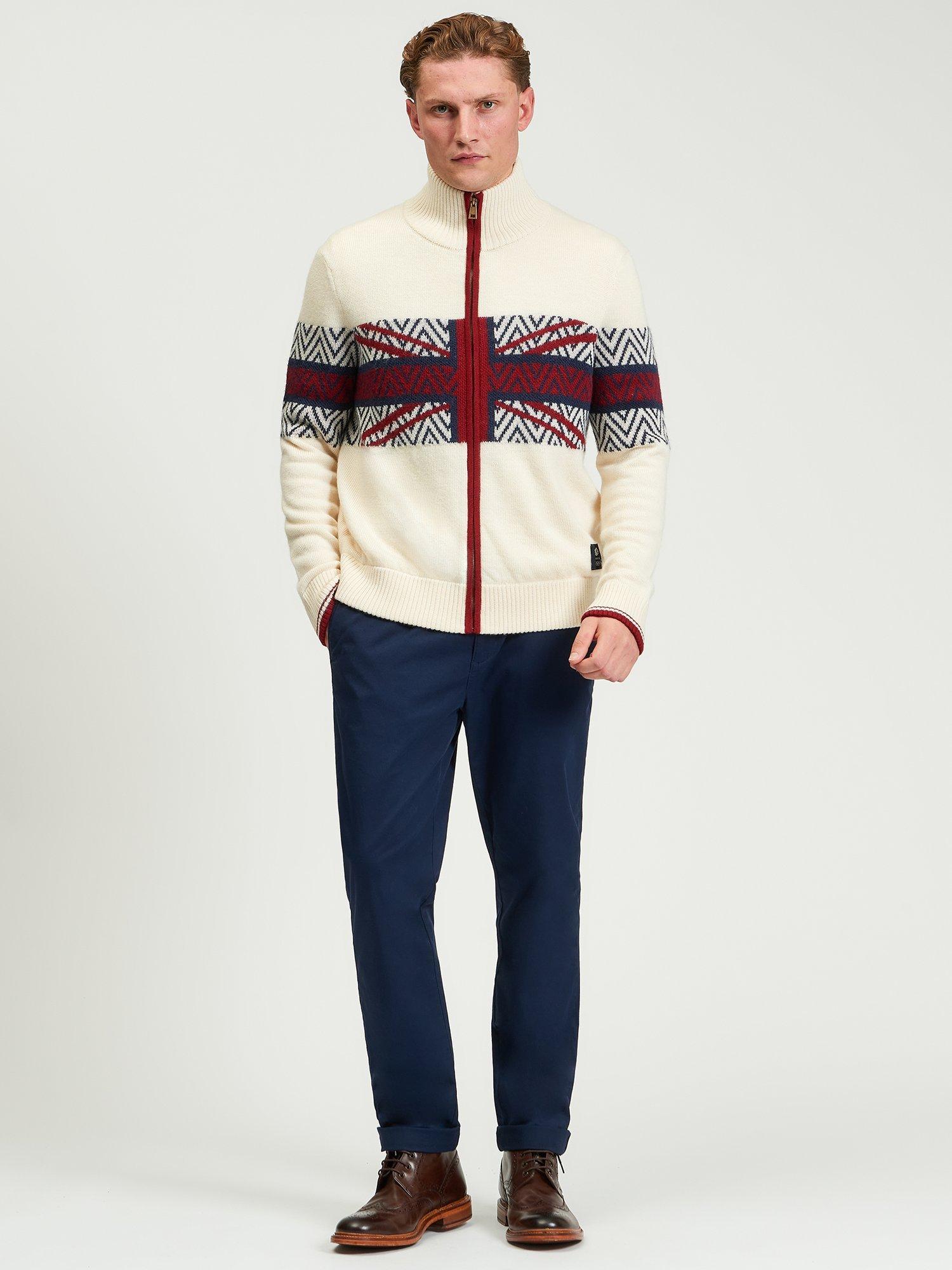 Product image 3 of 6, which shows Ben Sherman Team GB Wool Blend Knitted Zip-Through Jumper, Ivory/Multi, One Size