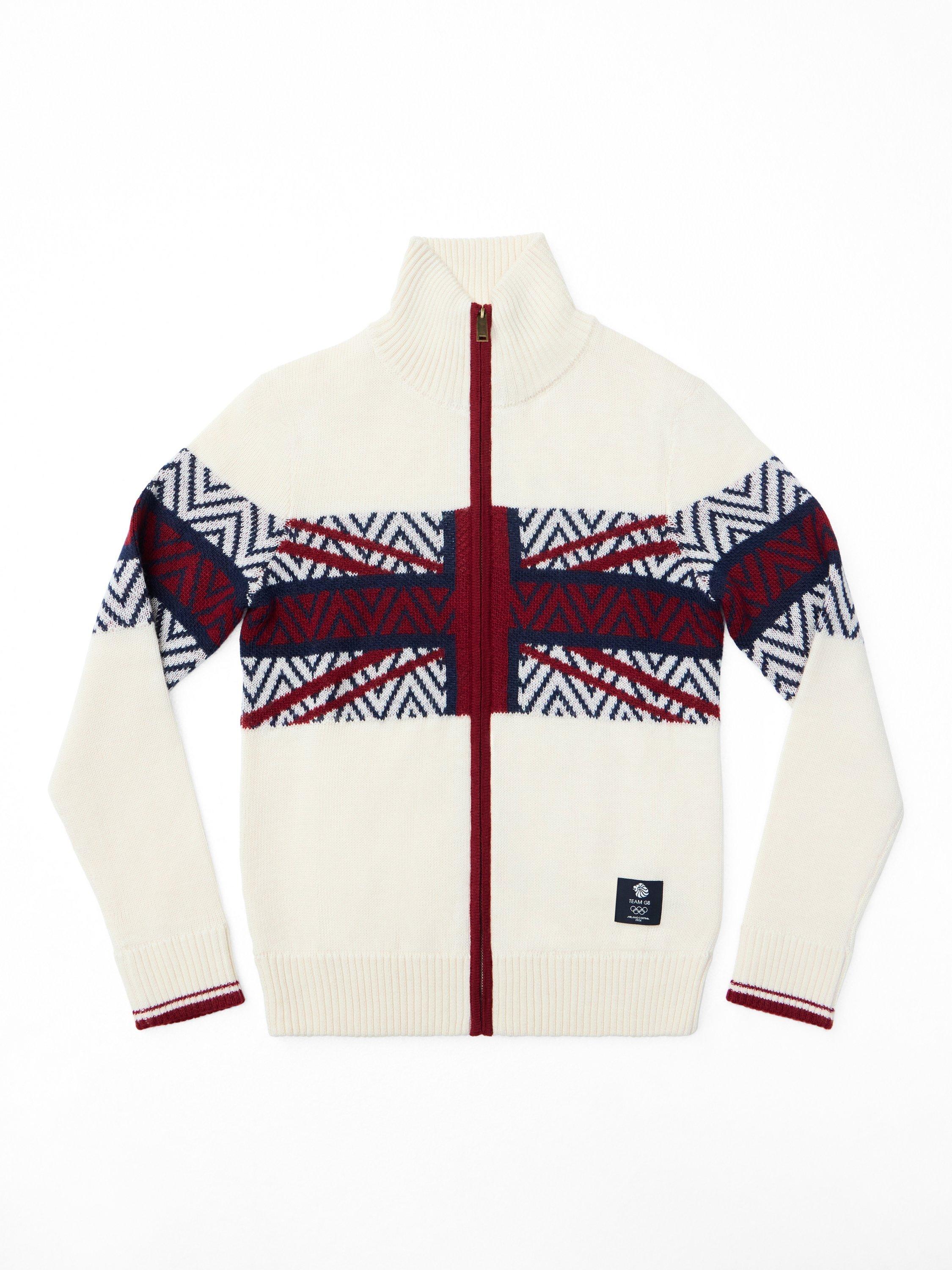 Product image 6 of 6, which shows Ben Sherman Team GB Wool Blend Knitted Zip-Through Jumper, Ivory/Multi, One Size