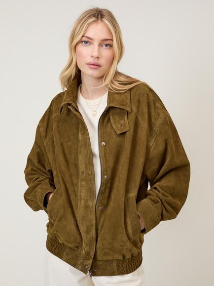 Nobody's Child Funnel Neck Pure Suede Bomber Jacket, Brown, Brown