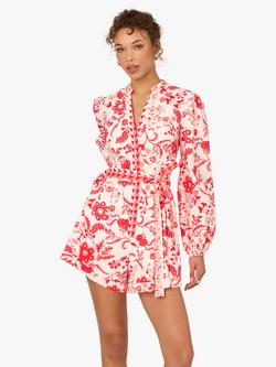 Adrianna Papell Floral Print Cotton Playsuit, White/Coral, White/Coral