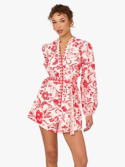 Adrianna Papell Floral Print Cotton Playsuit, White/Coral, White/Coral