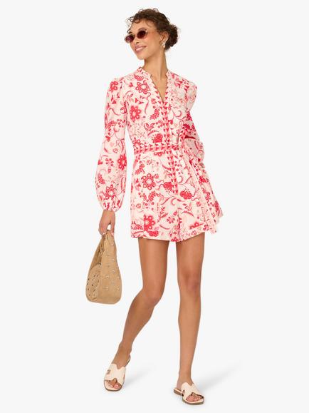 Adrianna Papell Floral Print Cotton Playsuit, White/Coral - view 2, White/Coral
