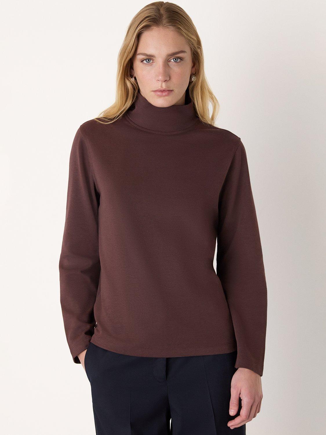 Product image 1 of 5, which shows Whistles Long Sleeve Funnel Neck Jersey Top, Brown, XS