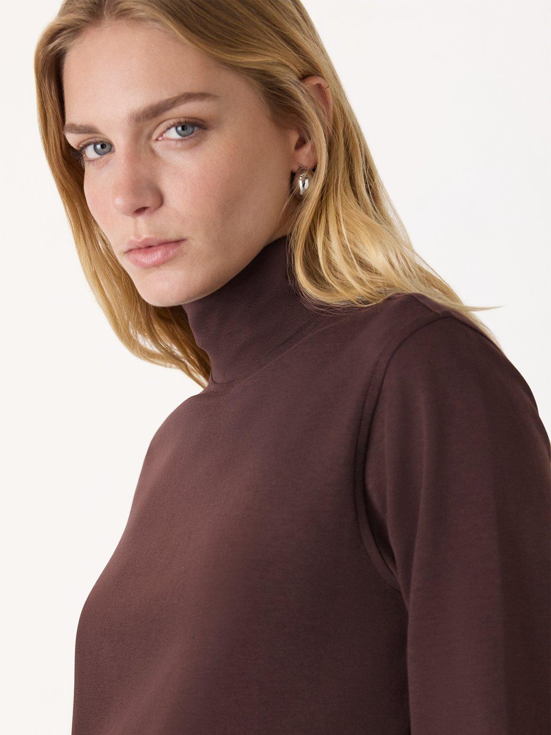 Product image 4 of 5, which shows Whistles Long Sleeve Funnel Neck Jersey Top, Brown, XS