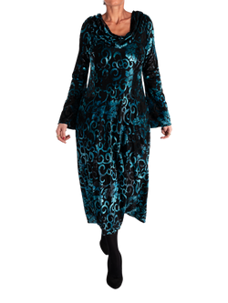 chesca Jardin Velvet Filigree Floral Midi Dress, Teal/Black, Teal/Black
