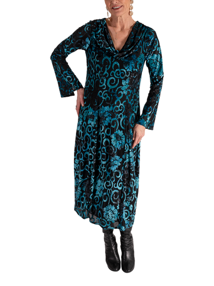 chesca Jardin Velvet Filigree Floral Midi Dress, Teal/Black, Teal/Black