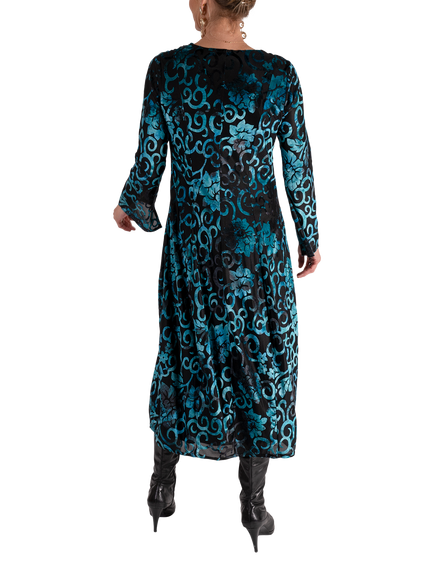 chesca Jardin Velvet Filigree Floral Midi Dress, Teal/Black - view 2, Teal/Black