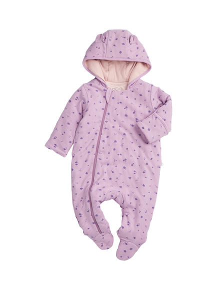 MORI Baby Ribbed Hooded Floral Pramsuit, Lilac, Lilac