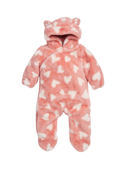 MORI Baby Faux Fur Hooded Heart Print Pramsuit, Peach, Peach