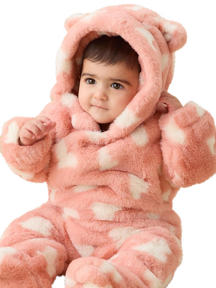 MORI Baby Faux Fur Hooded Heart Print Pramsuit, Peach - view 2, Peach