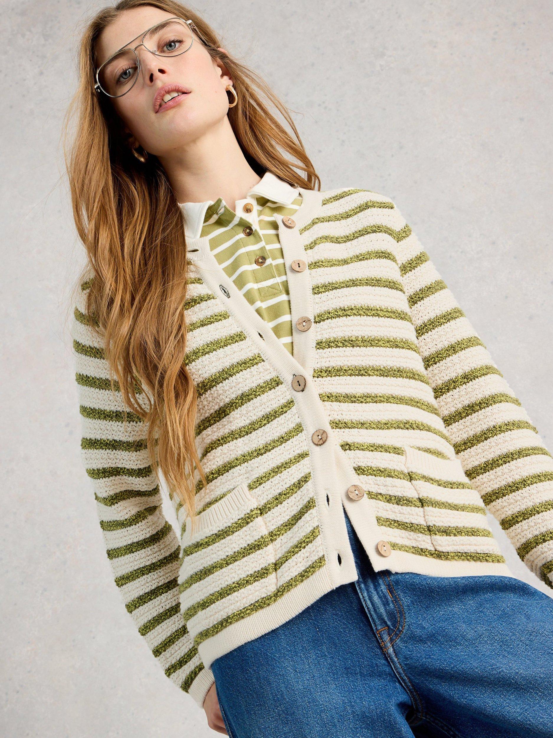 Product image 3 of 6, which shows White Stuff Belle Stripe Cardigan, Ivory/Multi, 6