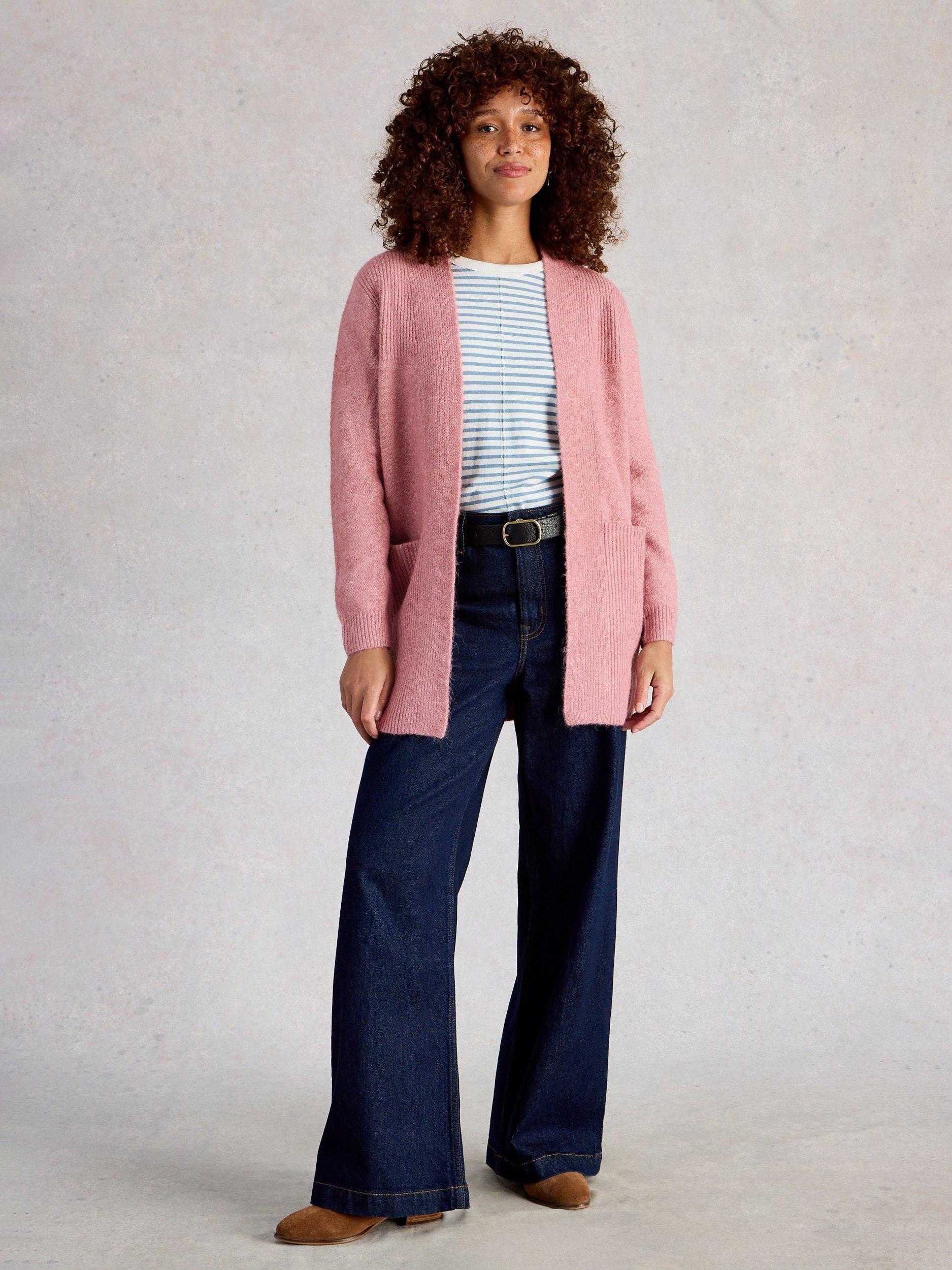 Product image 1 of 6, which shows White Stuff Erin Ribbed Open Neck Cardigan, Pink, S