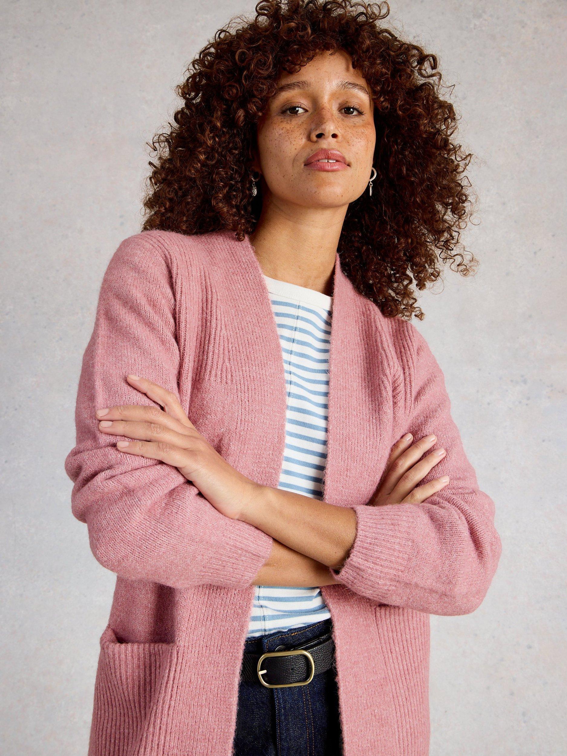 Product image 4 of 6, which shows White Stuff Erin Ribbed Open Neck Cardigan, Pink, S