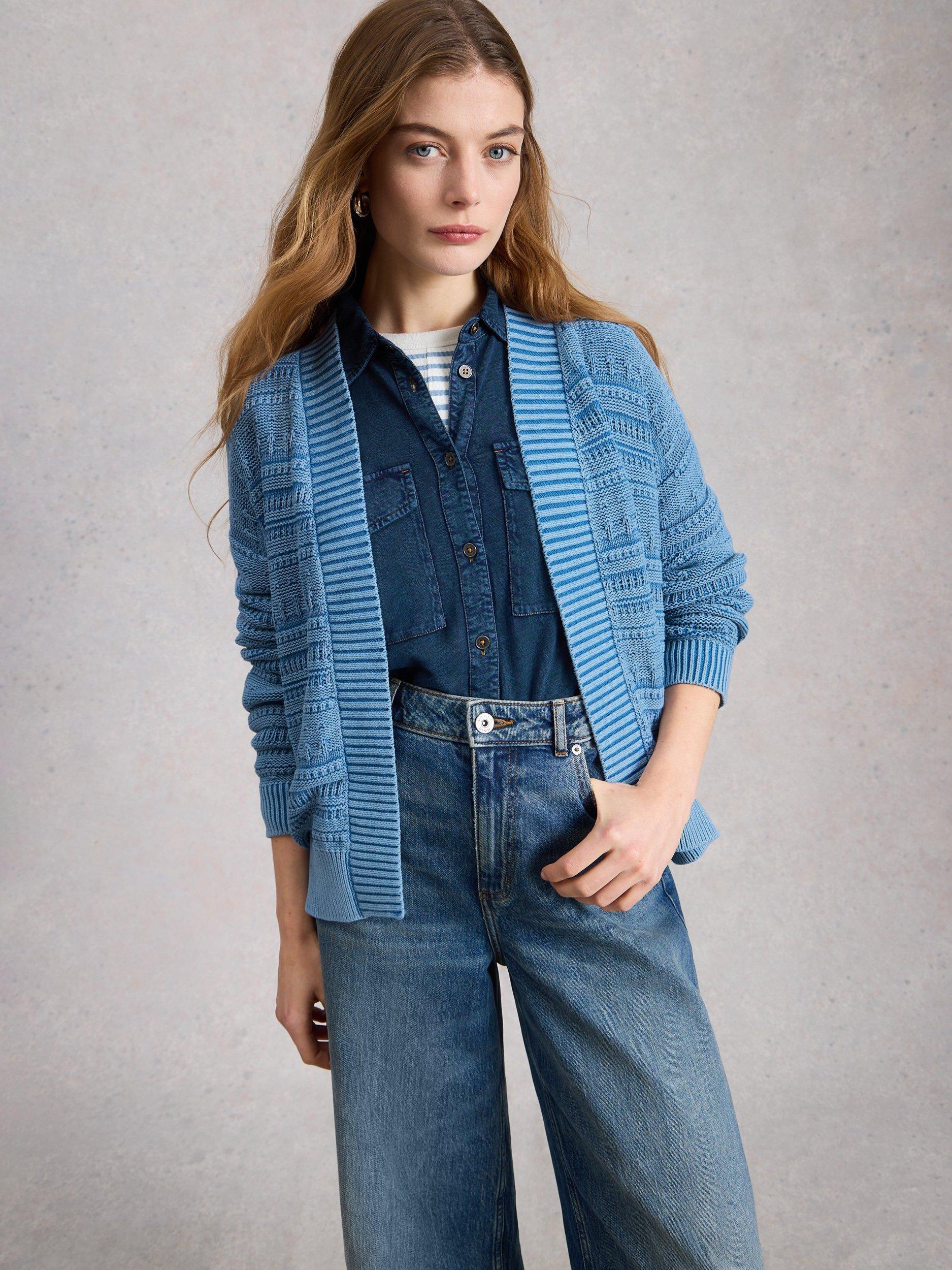 Product image 4 of 6, which shows White Stuff Kimberly Textured Open Neck Cardigan, Blue, S