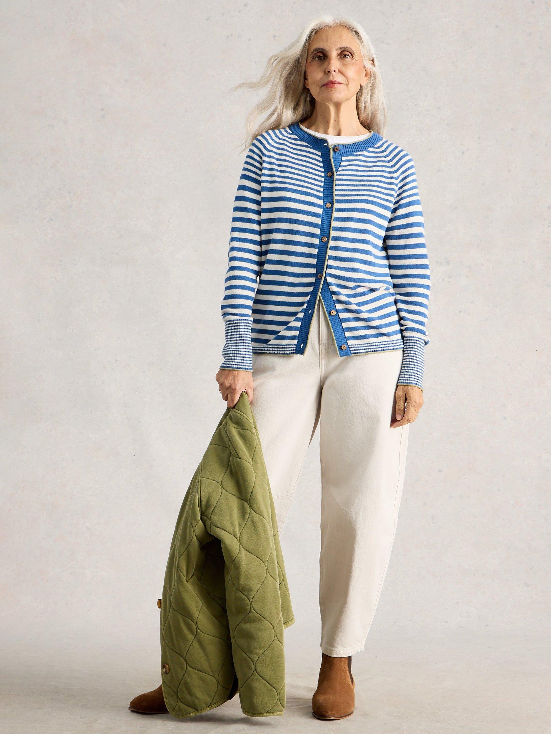 Product image 1 of 6, which shows White Stuff Lulu Striped Round Neck Cardigan , Blue/White, 6