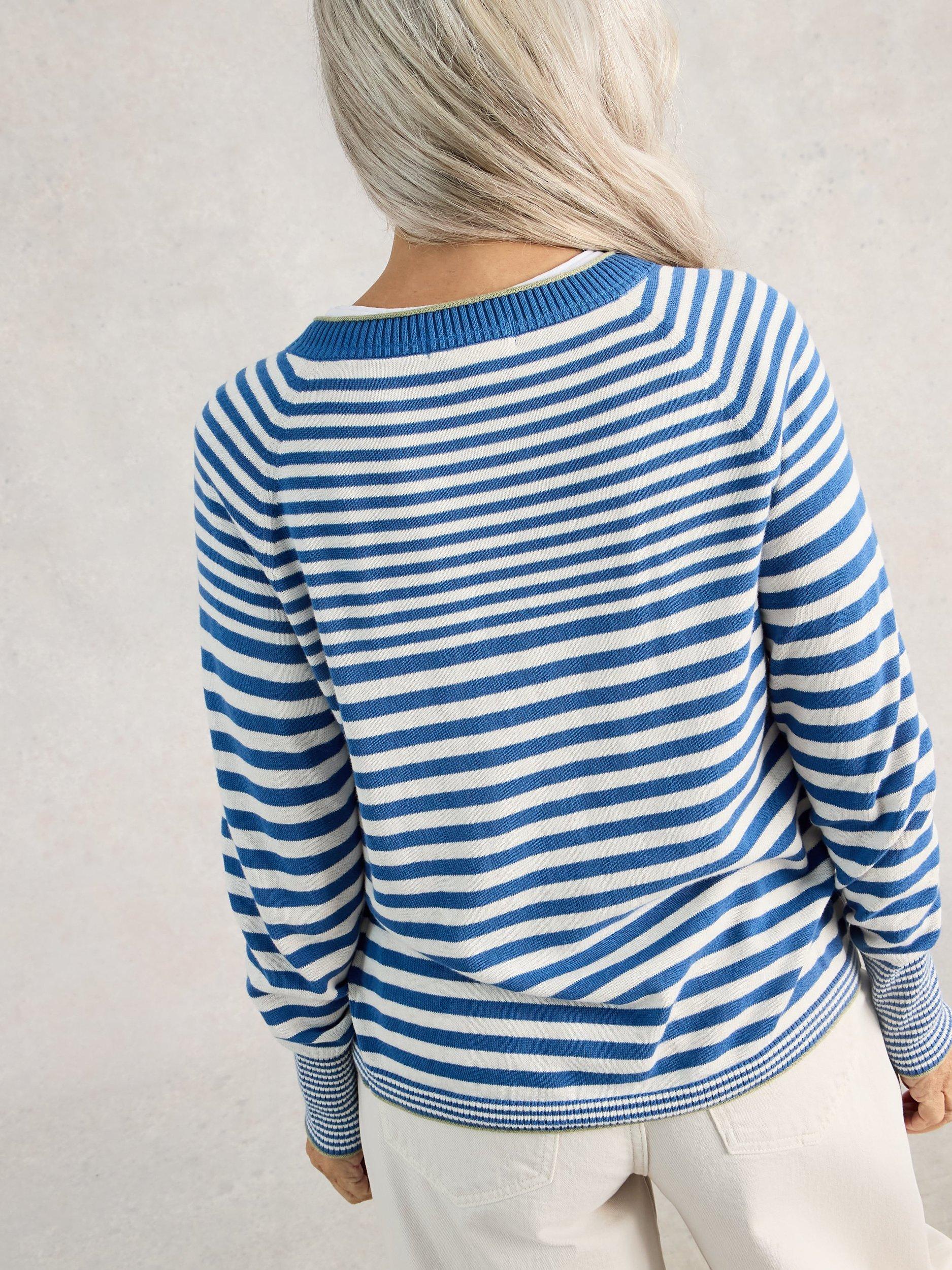 Product image 2 of 6, which shows White Stuff Lulu Striped Round Neck Cardigan , Blue/White, 6
