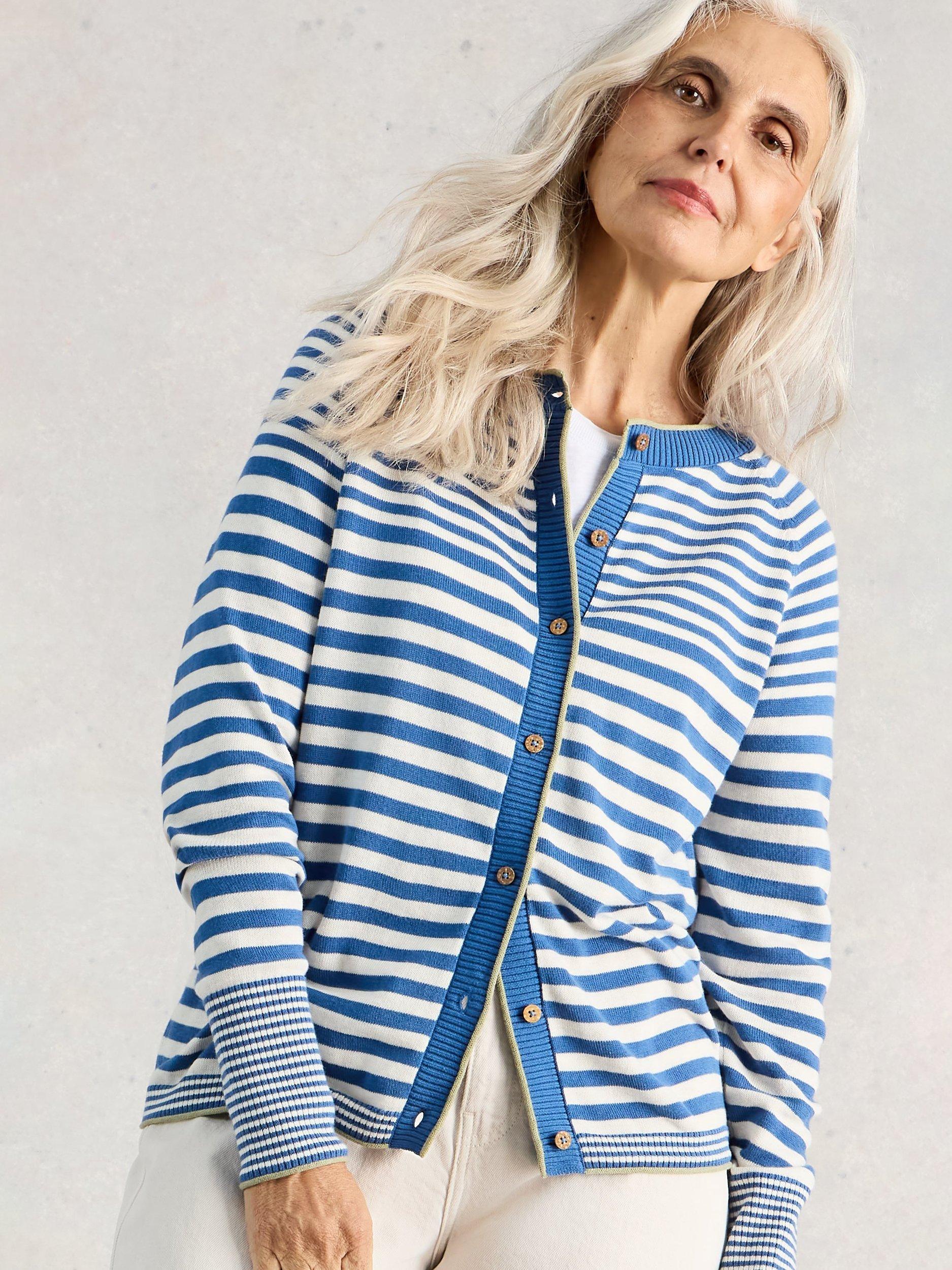 Product image 4 of 6, which shows White Stuff Lulu Striped Round Neck Cardigan , Blue/White, 6