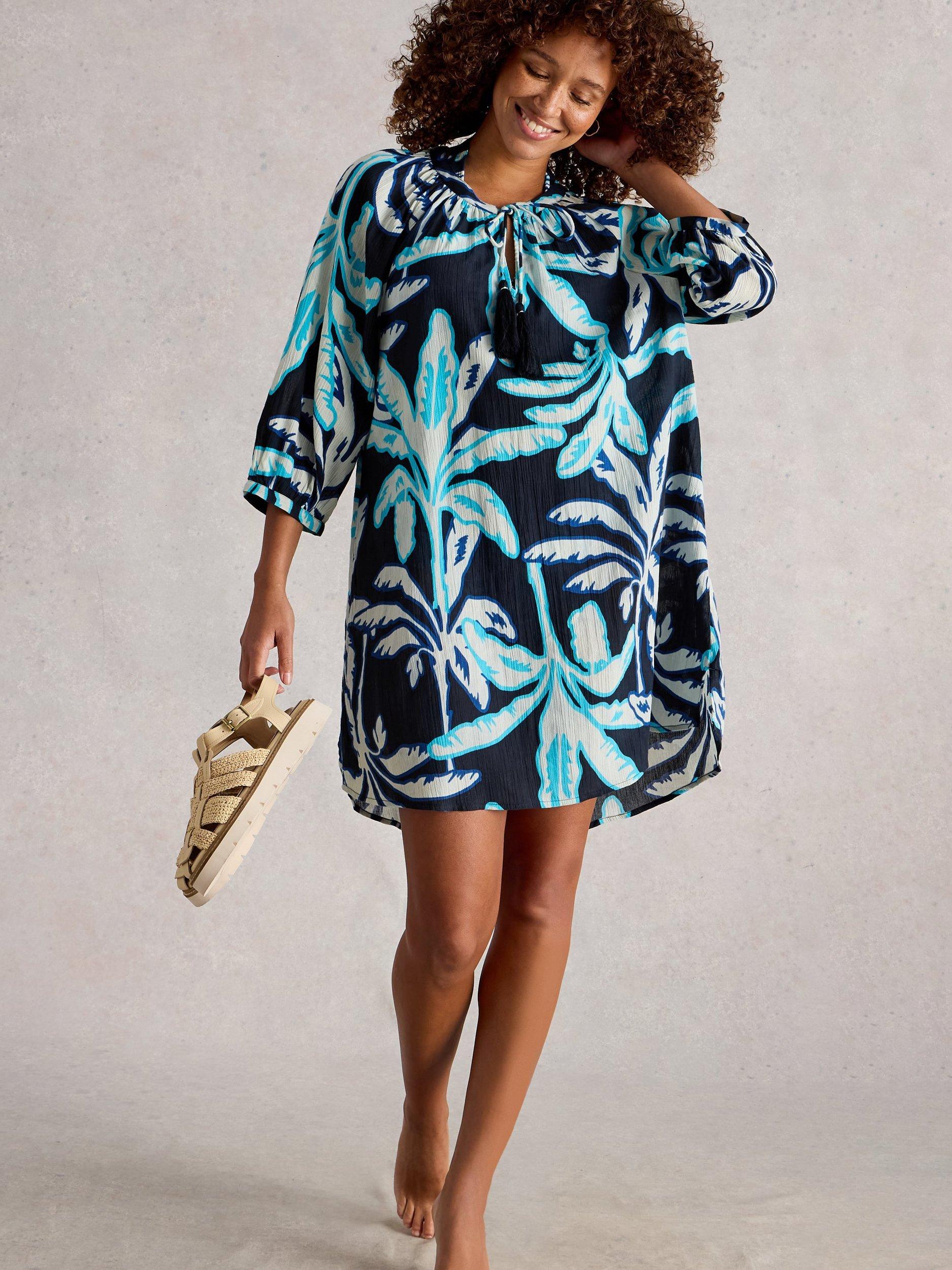 Product image 3 of 6, which shows White Stuff Lottie Palm Trees Beach Dress, Blue/Multi, XS
