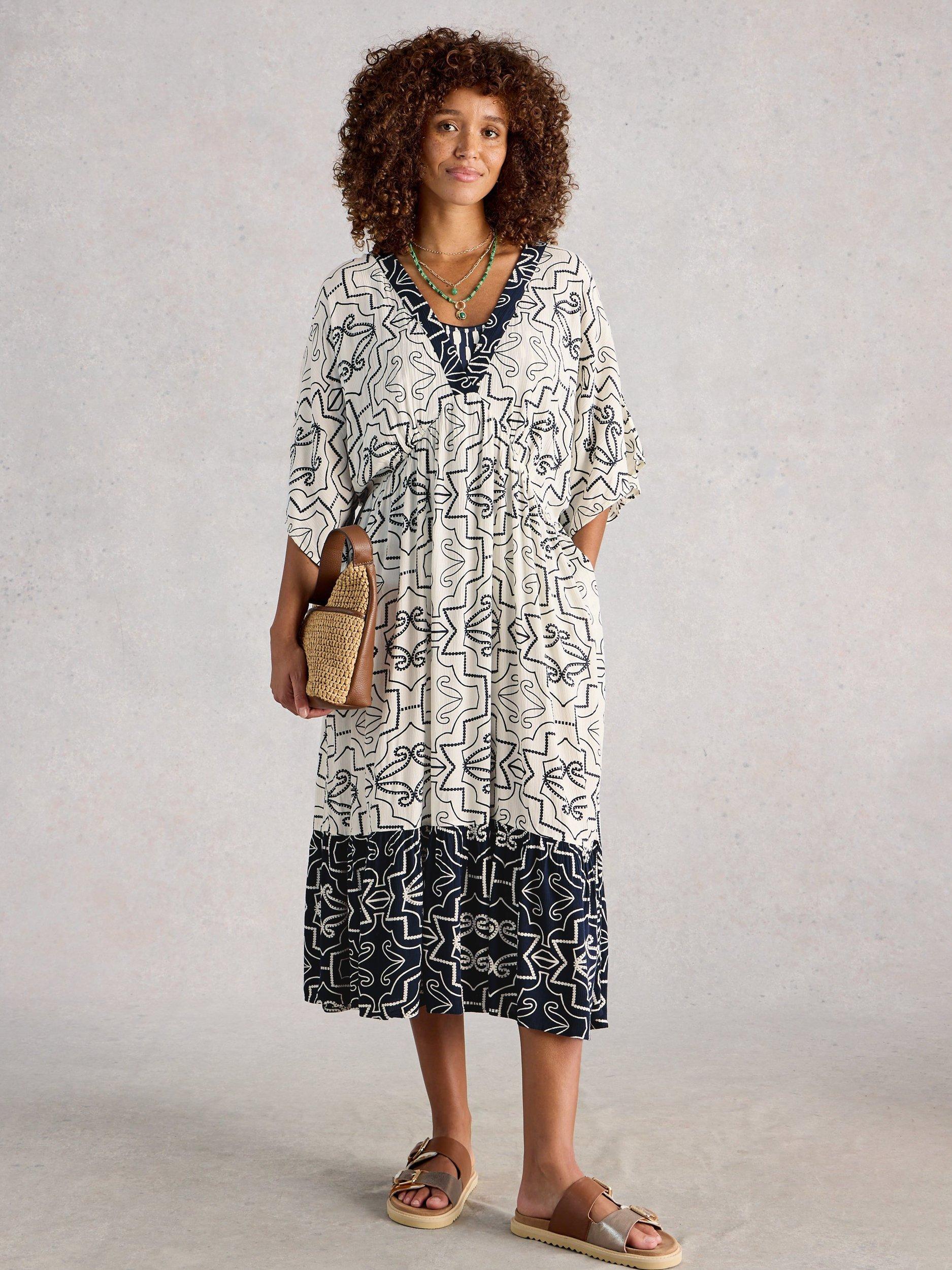 Product image 1 of 6, which shows White Stuff Otterley Beach Kaftan containing LENZING™ ECOVERO™ Viscose , Ivory/Navy, XS