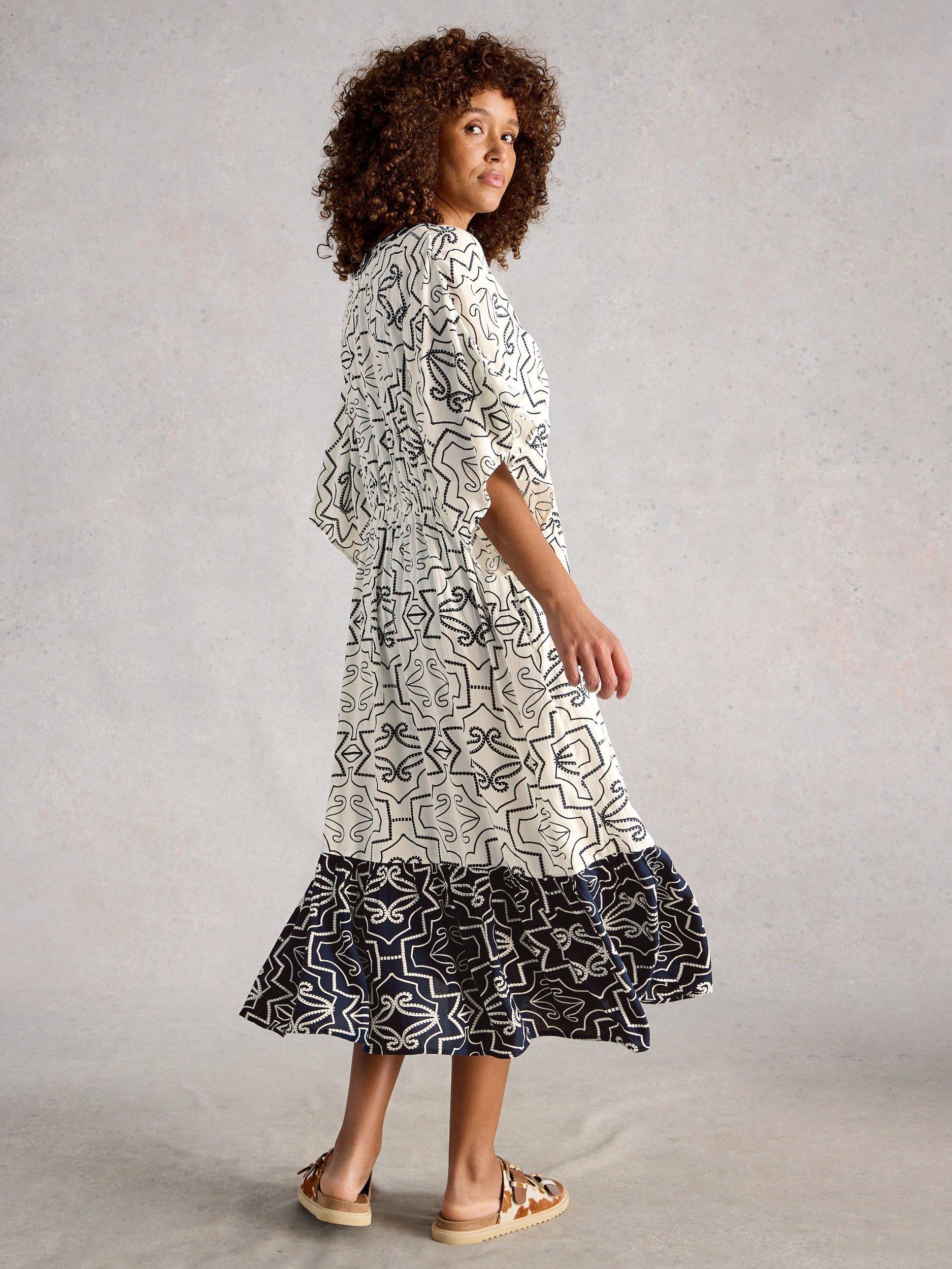 Product image 2 of 6, which shows White Stuff Otterley Beach Kaftan containing LENZING™ ECOVERO™ Viscose , Ivory/Navy, XS