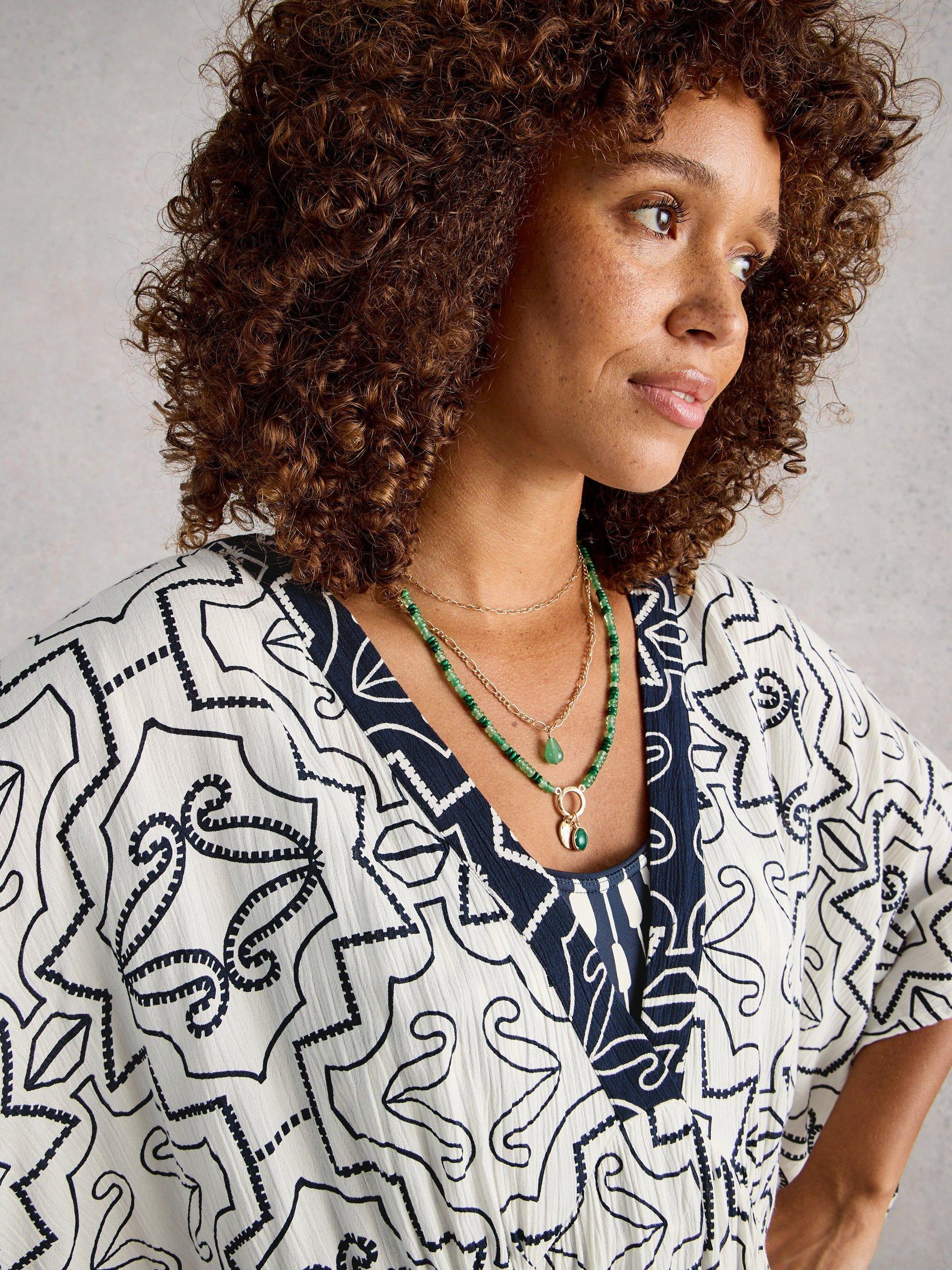 Product image 3 of 6, which shows White Stuff Otterley Beach Kaftan containing LENZING™ ECOVERO™ Viscose , Ivory/Navy, XS