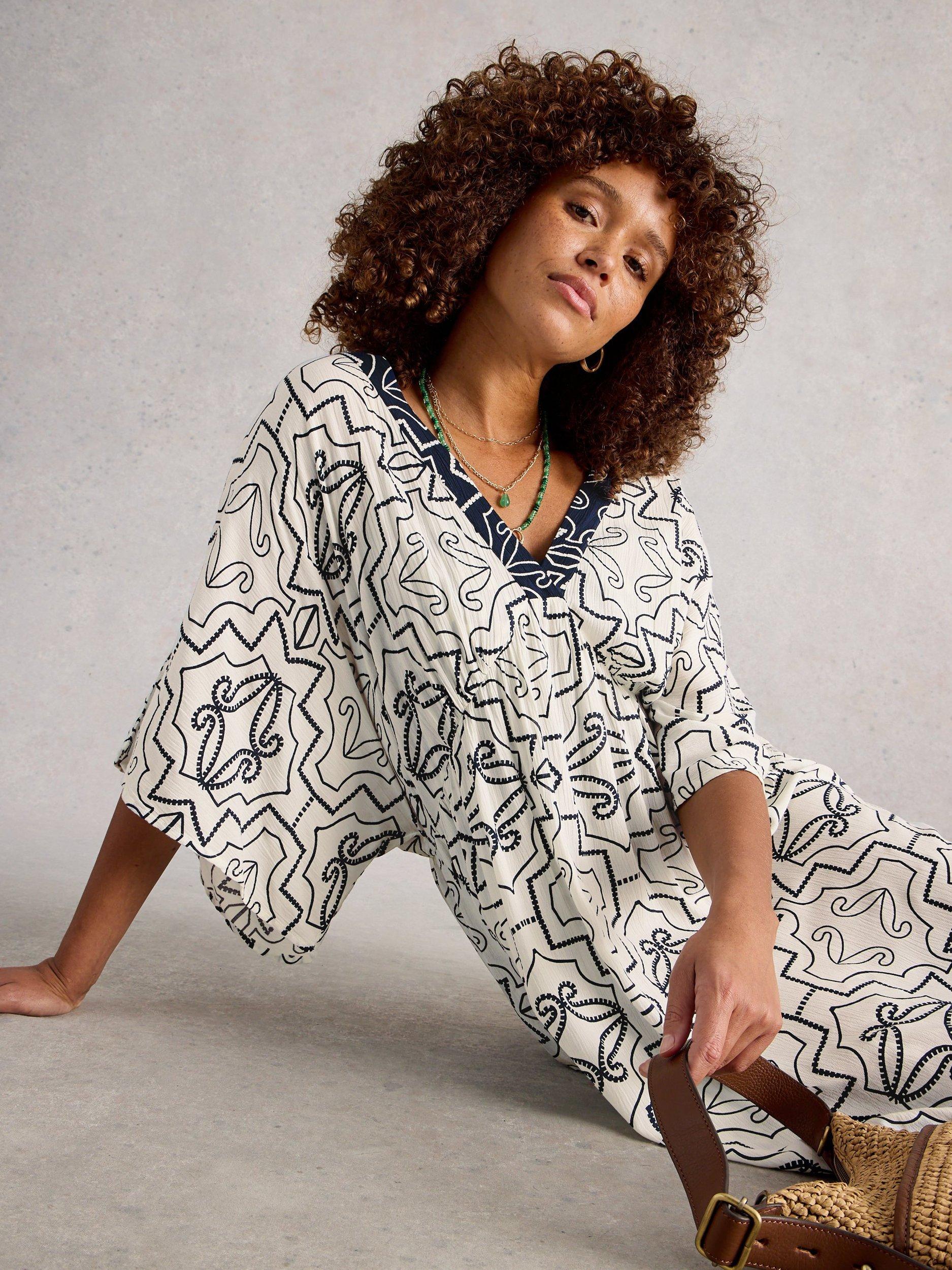 Product image 4 of 6, which shows White Stuff Otterley Beach Kaftan containing LENZING™ ECOVERO™ Viscose , Ivory/Navy, XS