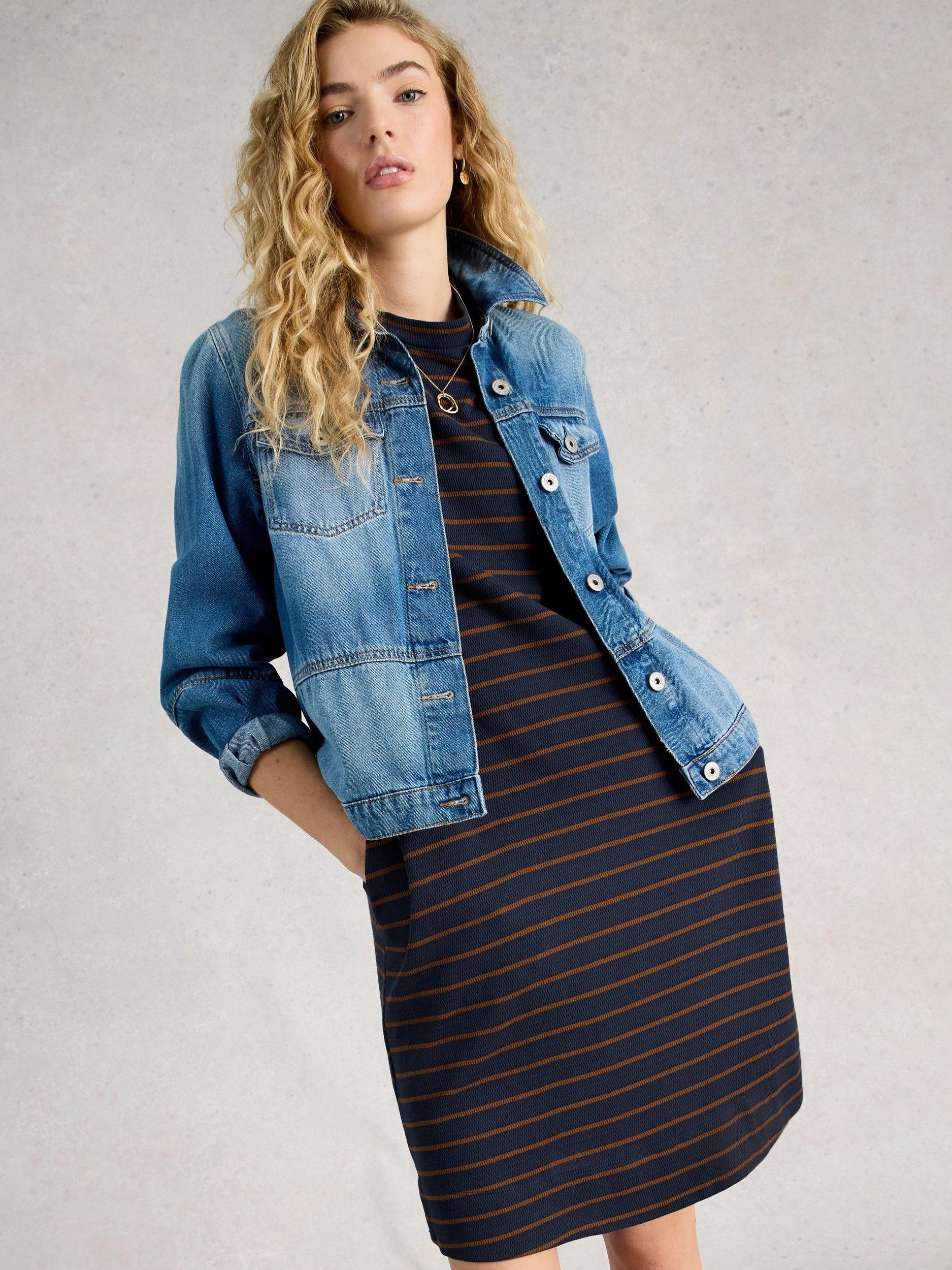 Product image 4 of 6, which shows White Stuff Amy Button Detail Stripe Jersey Dress, Navy/Multi, 6