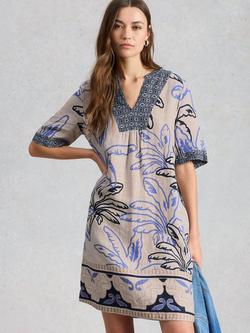 White Stuff Ash Linen Floral Tunic Mini Dress, Ivory/Multi, Ivory/Multi