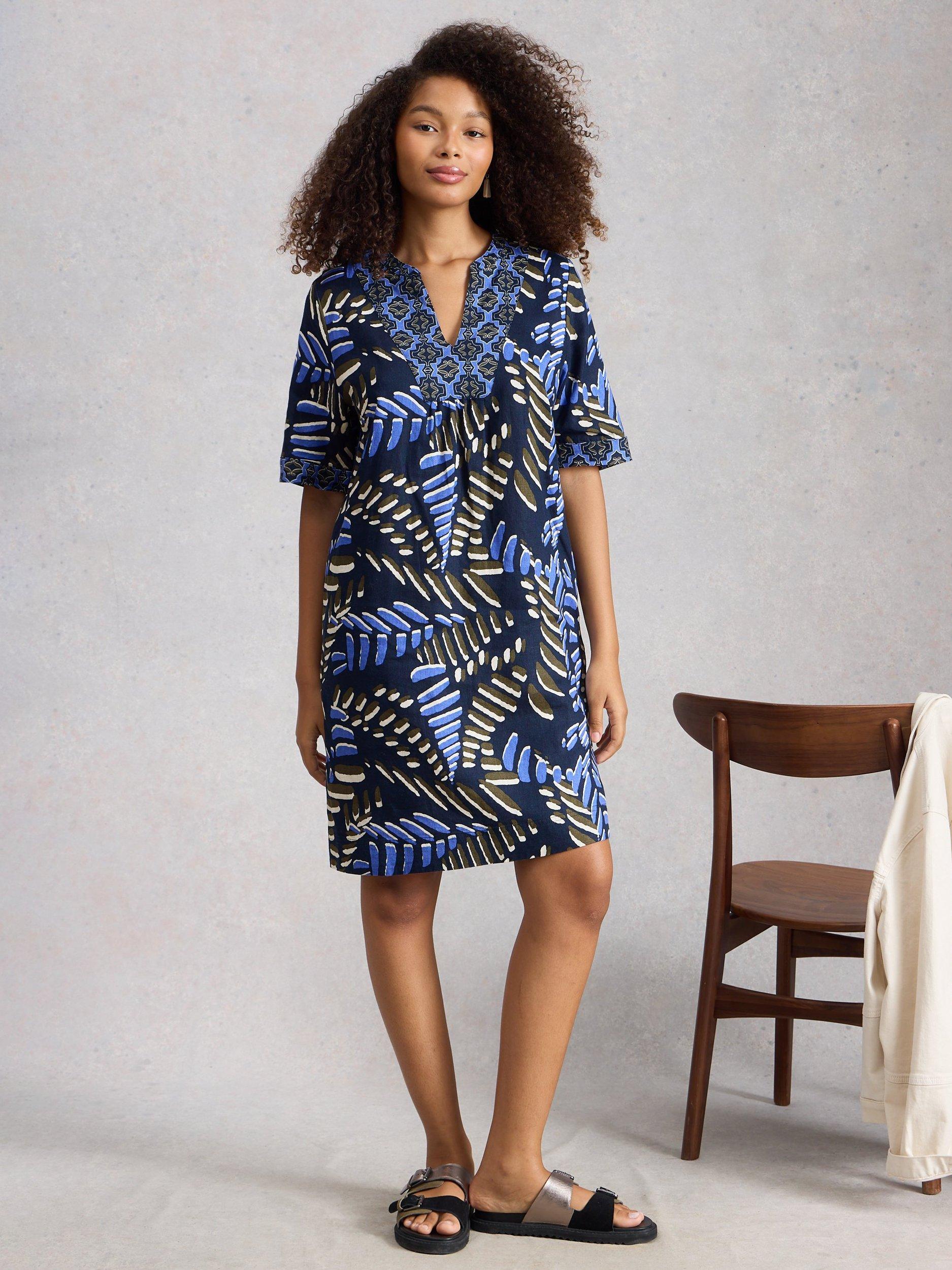 Product image 1 of 6, which shows White Stuff Ash Leaves Pure Linen Dress, Navy/Multi, 6