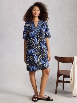 White Stuff Ash Leaves Pure Linen Dress, Navy/Multi, Navy/Multi