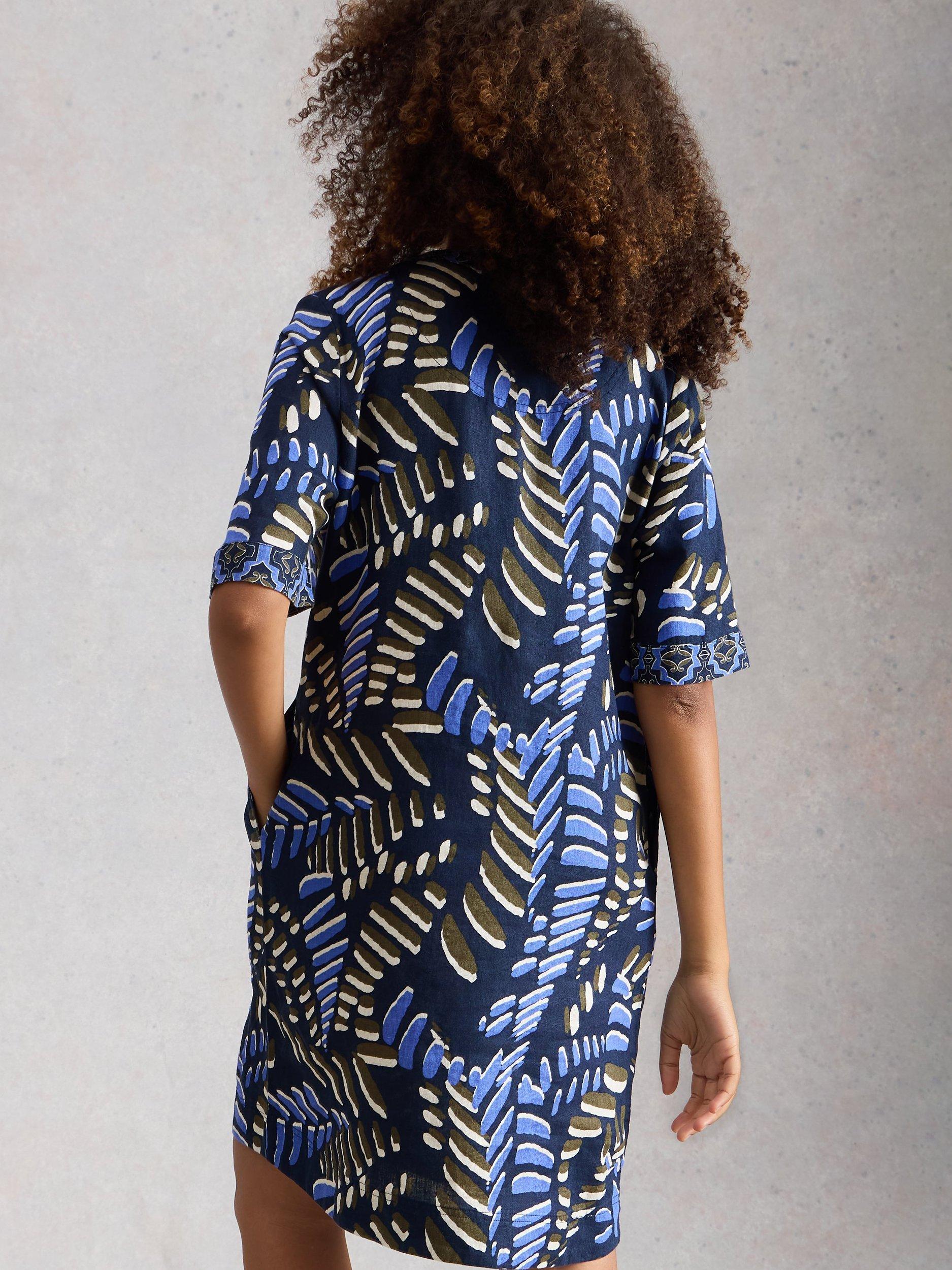 Product image 2 of 6, which shows White Stuff Ash Leaves Pure Linen Dress, Navy/Multi, 6