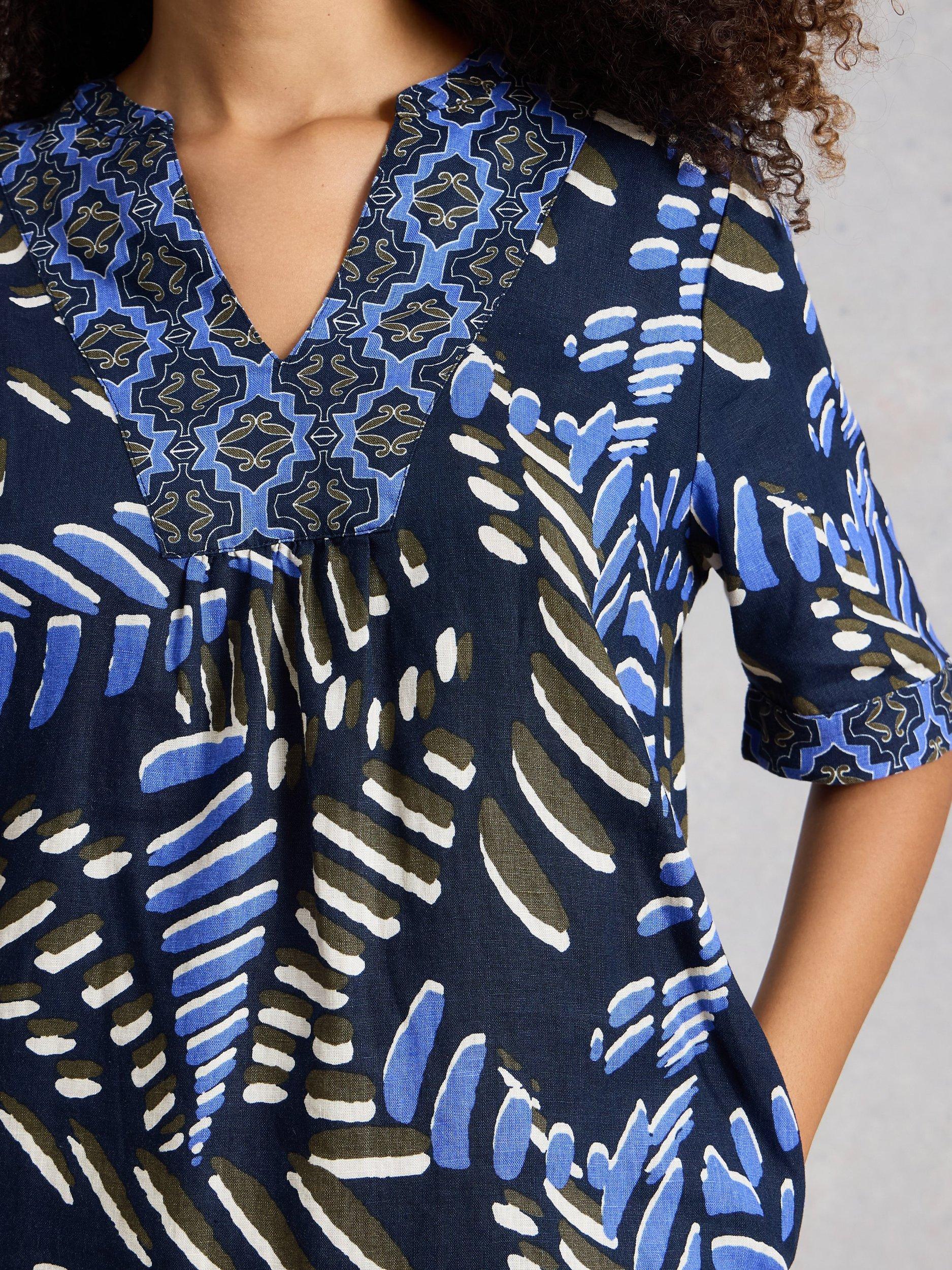 Product image 3 of 6, which shows White Stuff Ash Leaves Pure Linen Dress, Navy/Multi, 6