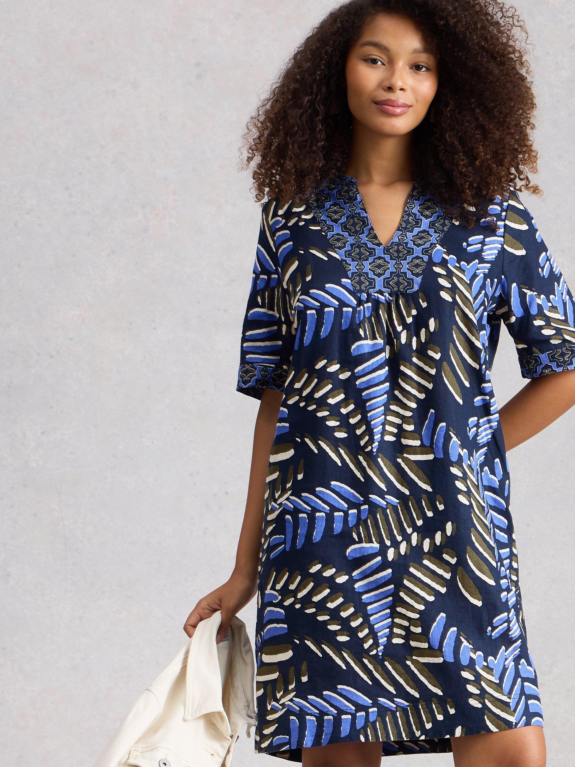 Product image 4 of 6, which shows White Stuff Ash Leaves Pure Linen Dress, Navy/Multi, 6