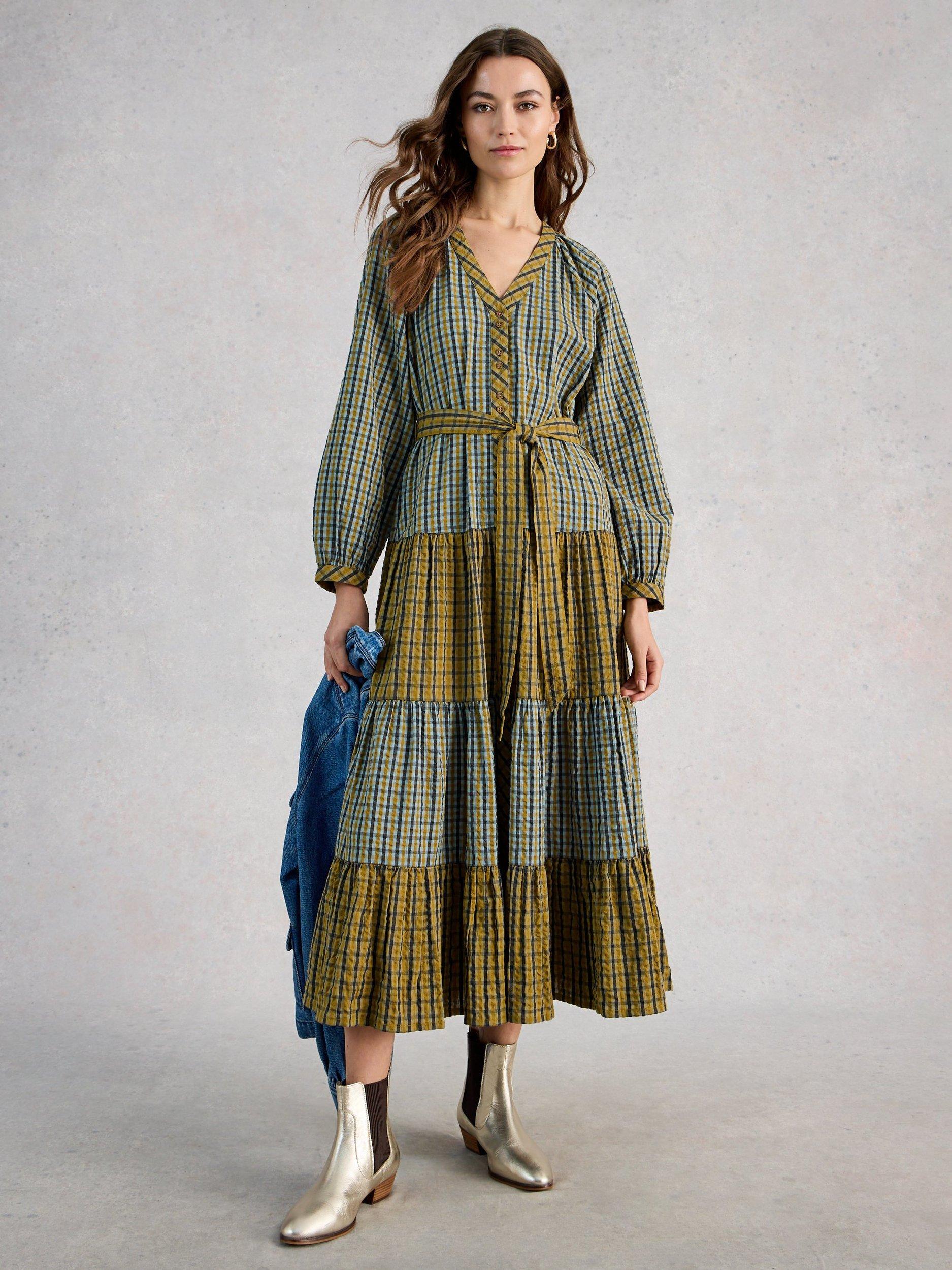Product image 1 of 6, which shows White Stuff Clementine Check Shirt Midi Dress, Green/Multi, 6