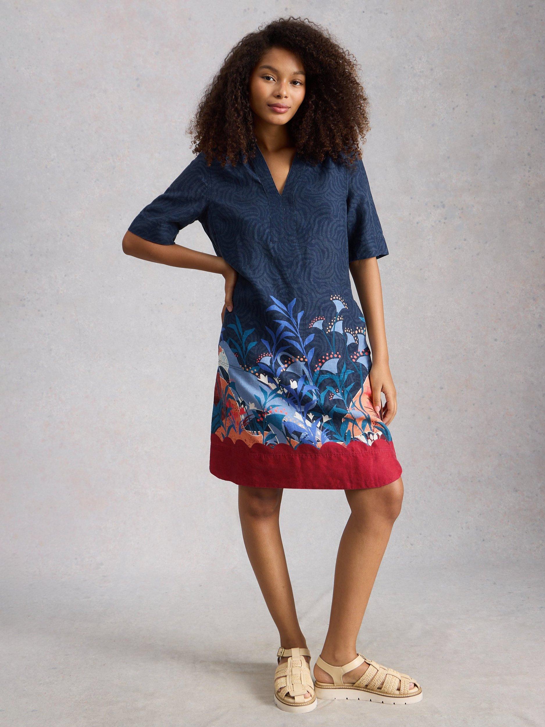 Product image 1 of 6, which shows White Stuff June Graphic Pure Linen Dress, Blue/Multi, 6