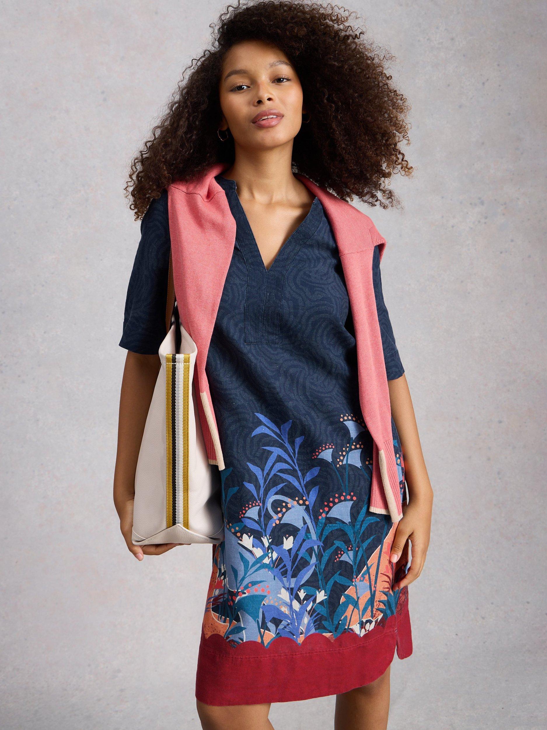 Product image 4 of 6, which shows White Stuff June Graphic Pure Linen Dress, Blue/Multi, 6