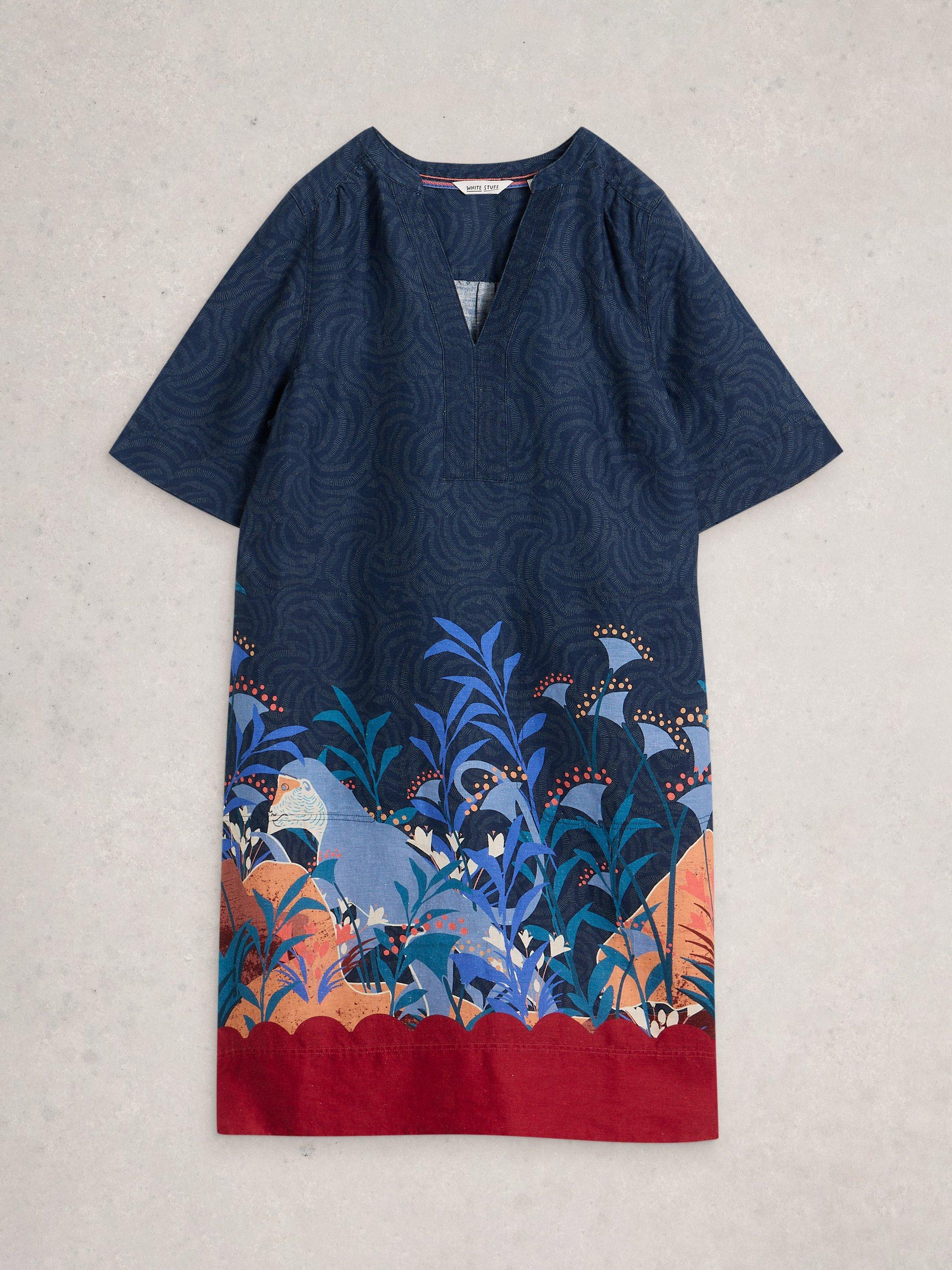 Product image 5 of 6, which shows White Stuff June Graphic Pure Linen Dress, Blue/Multi, 6