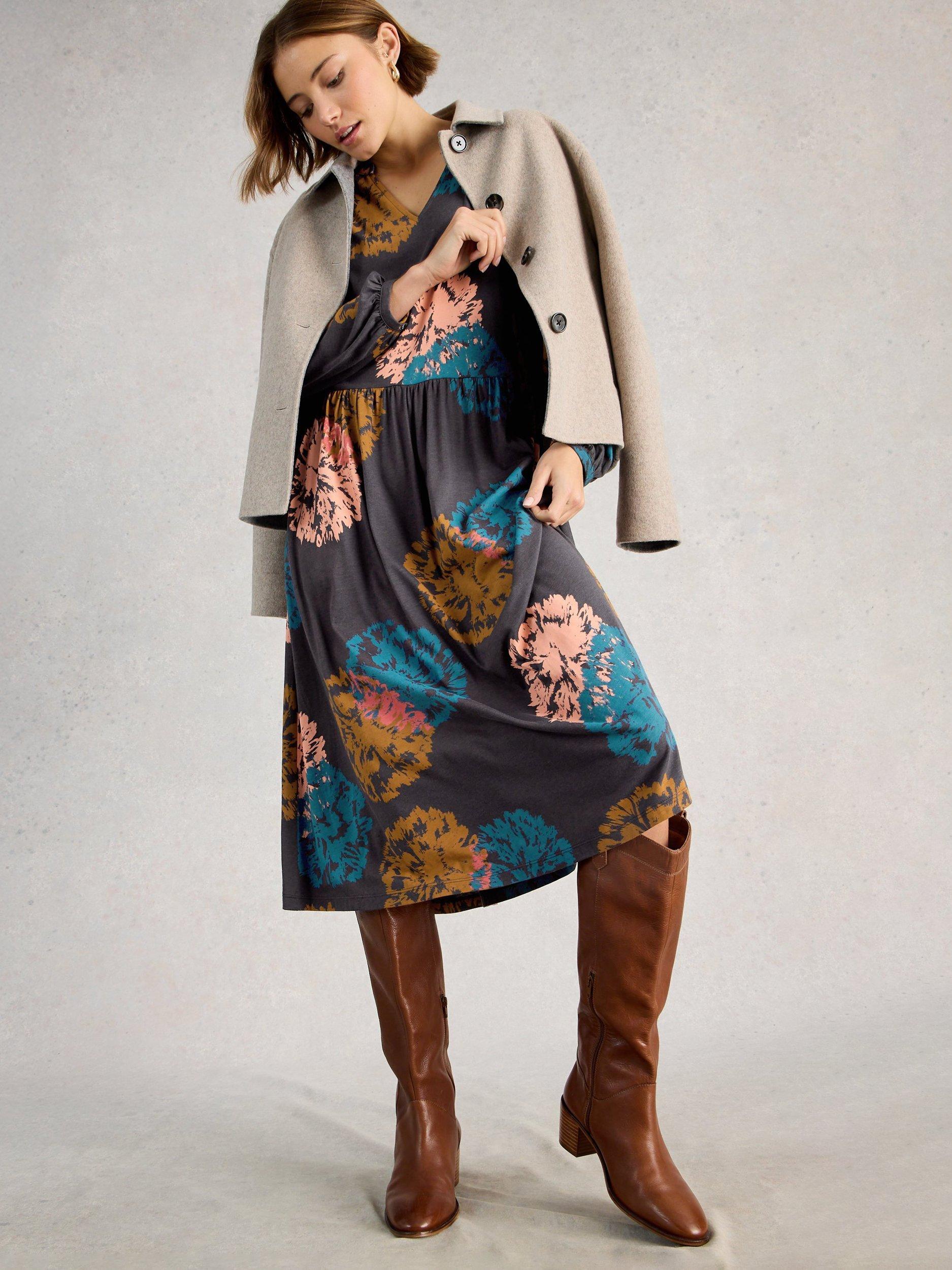 Product image 4 of 6, which shows White Stuff Leah Floral Jersey Dress, Black/Multi, 6