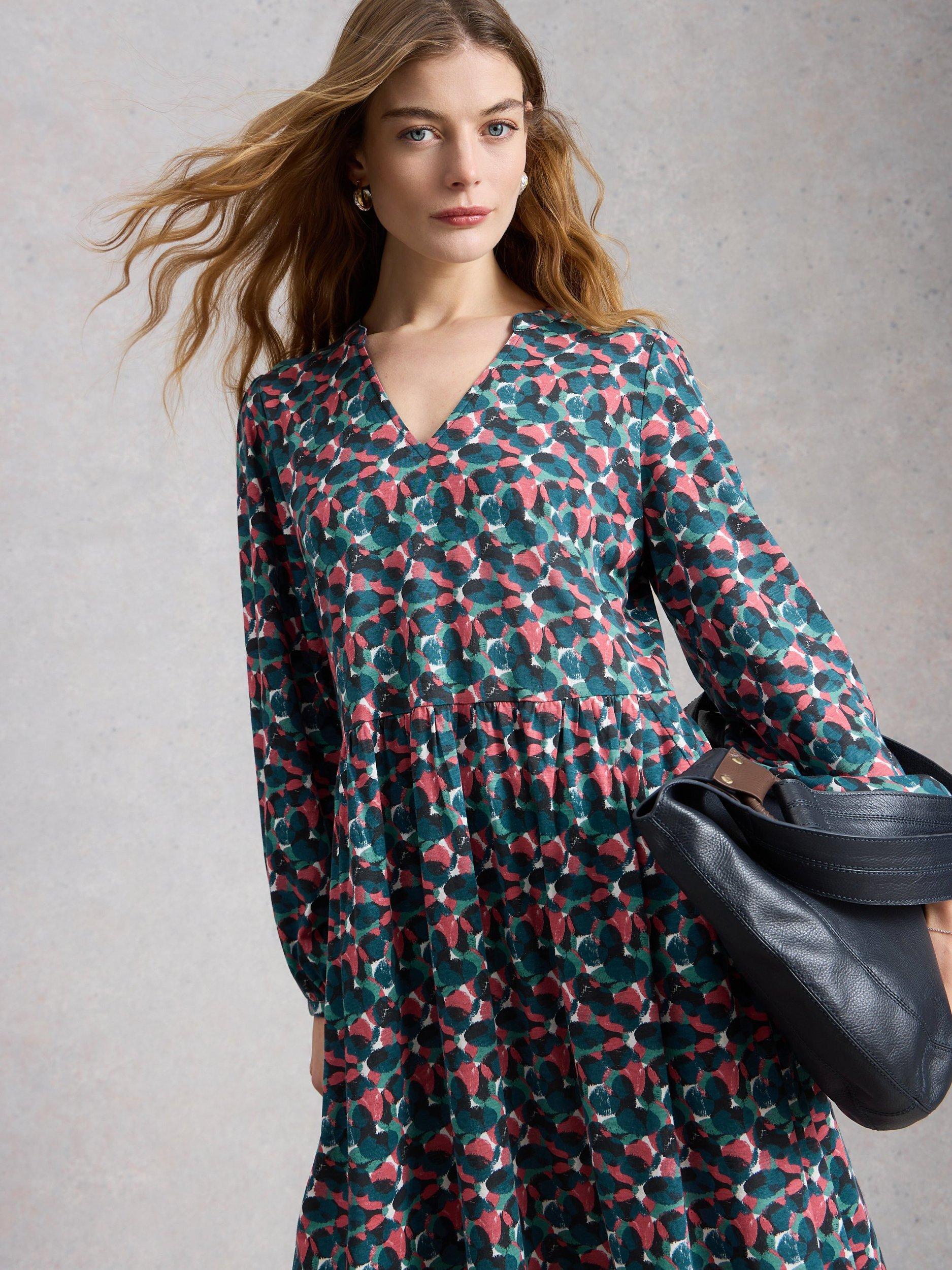 Product image 3 of 6, which shows White Stuff Lola Abstract Jersey Dress, Blue/Multi, 6