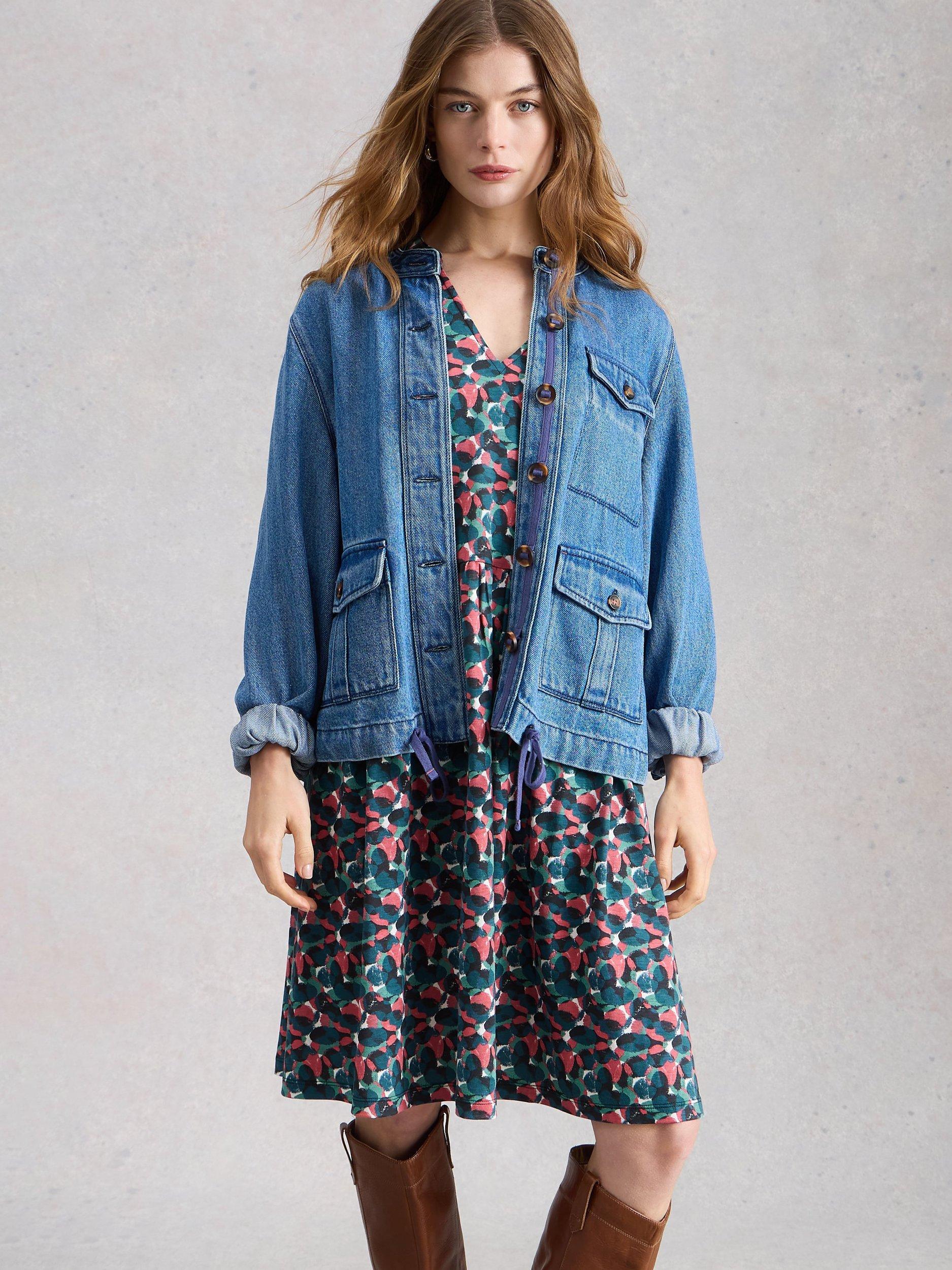 Product image 4 of 6, which shows White Stuff Lola Abstract Jersey Dress, Blue/Multi, 6