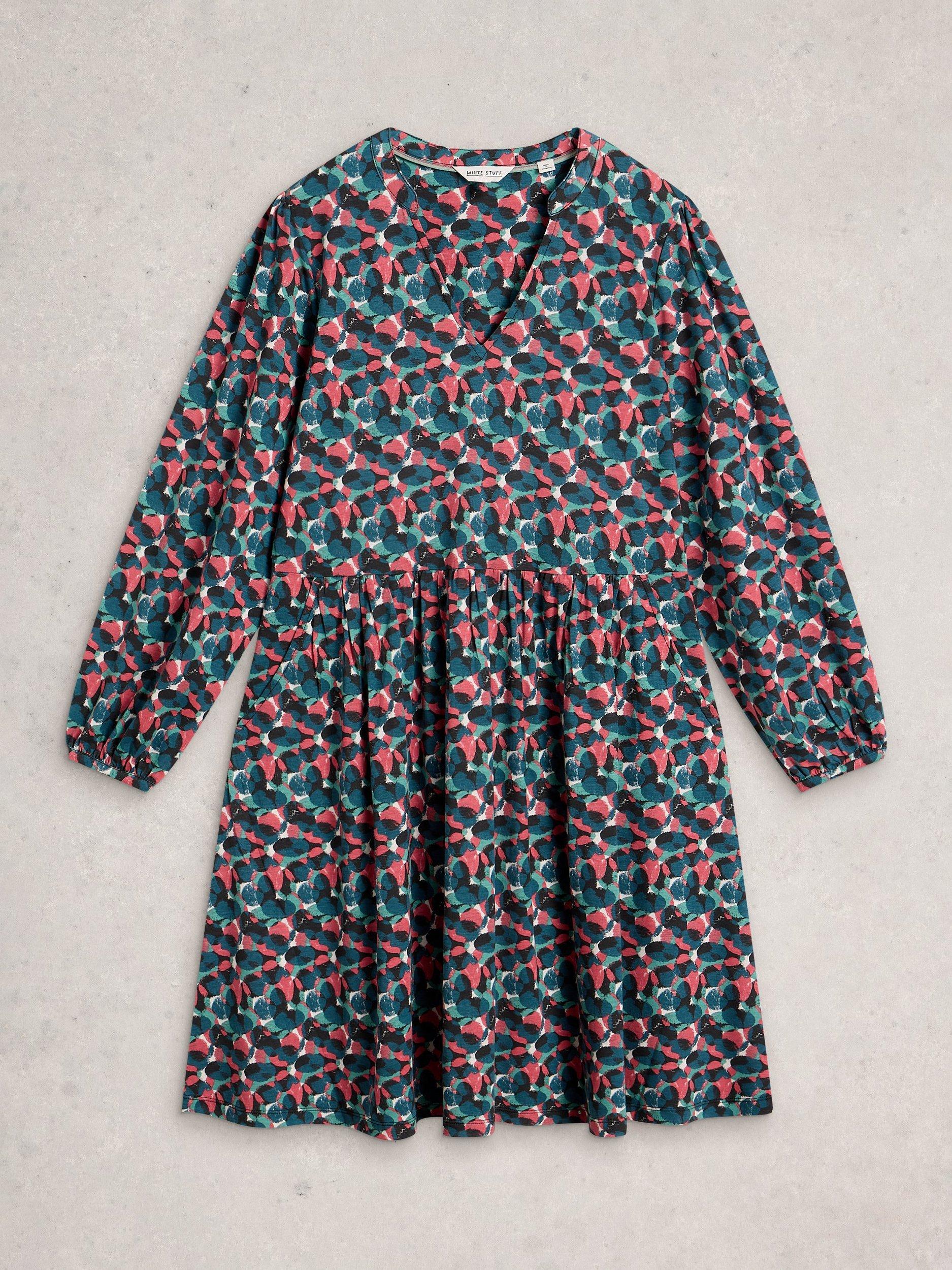 Product image 5 of 6, which shows White Stuff Lola Abstract Jersey Dress, Blue/Multi, 6